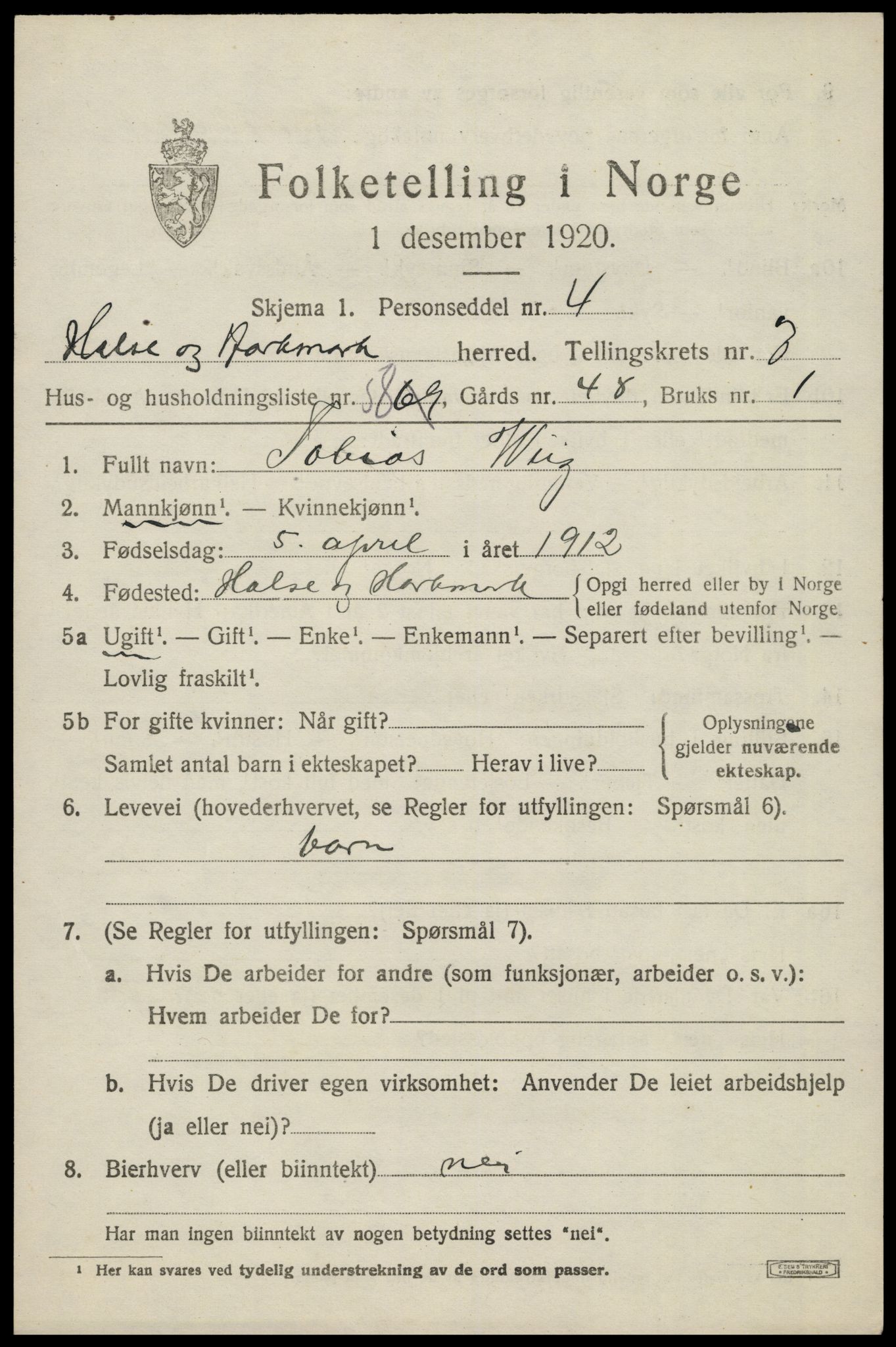 SAK, Folketelling 1920 for 1019 Halse og Harkmark herred, 1920, s. 4303