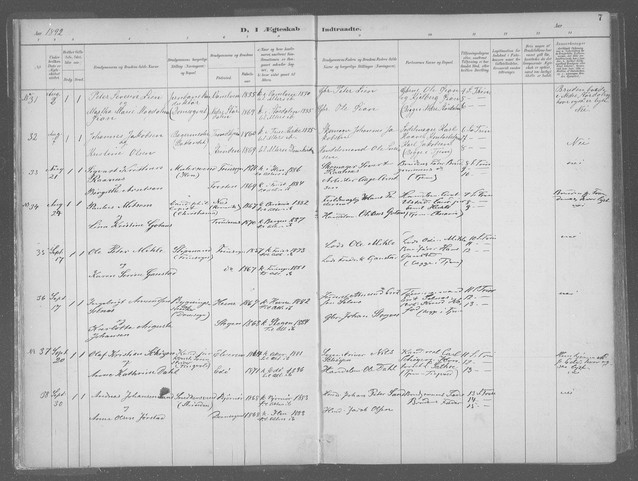 Ministerialprotokoller, klokkerbøker og fødselsregistre - Sør-Trøndelag, SAT/A-1456/601/L0064: Ministerialbok nr. 601A31, 1891-1911, s. 7