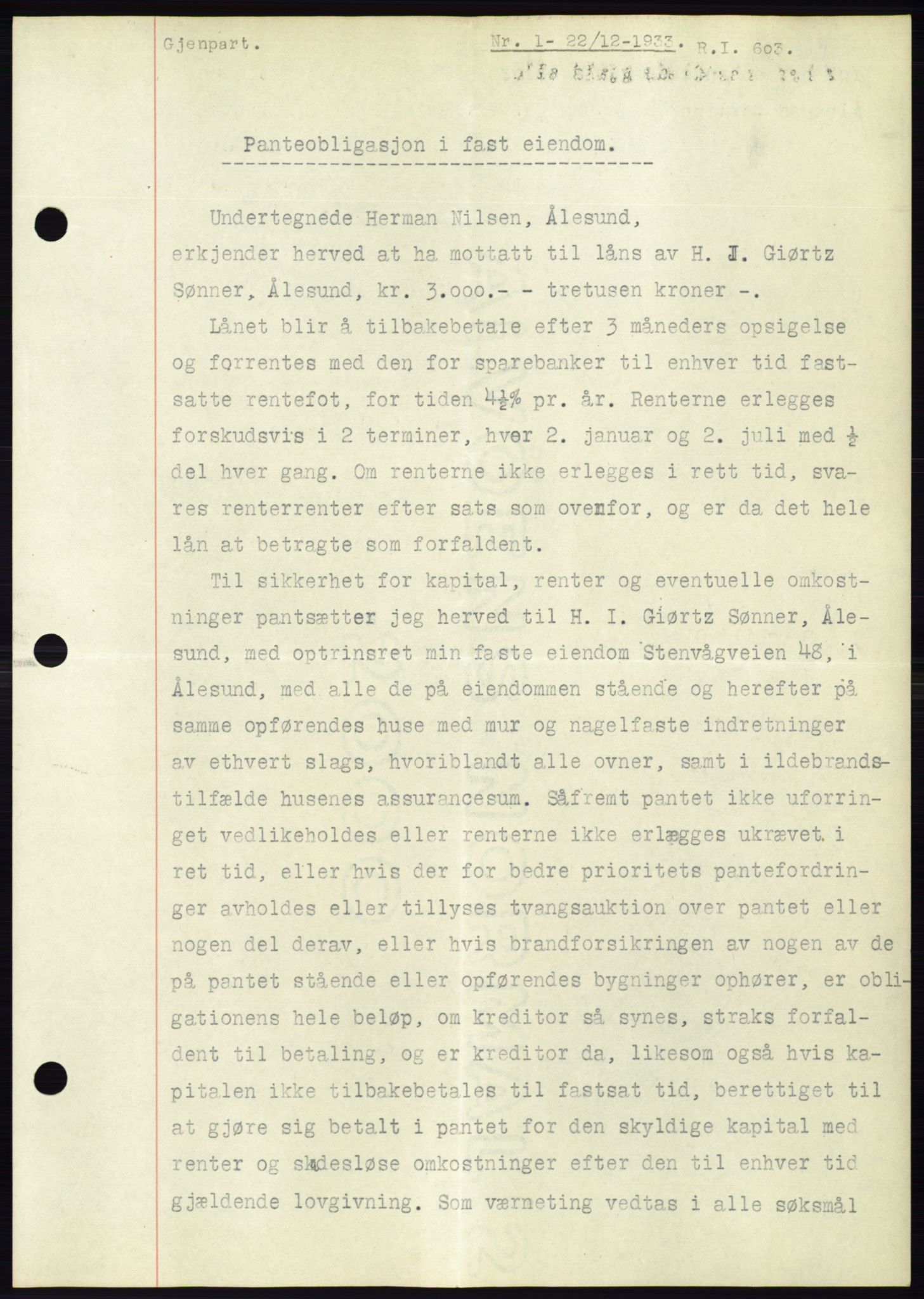 Ålesund byfogd, AV/SAT-A-4384: Pantebok nr. 31, 1933-1934, Tingl.dato: 22.12.1933