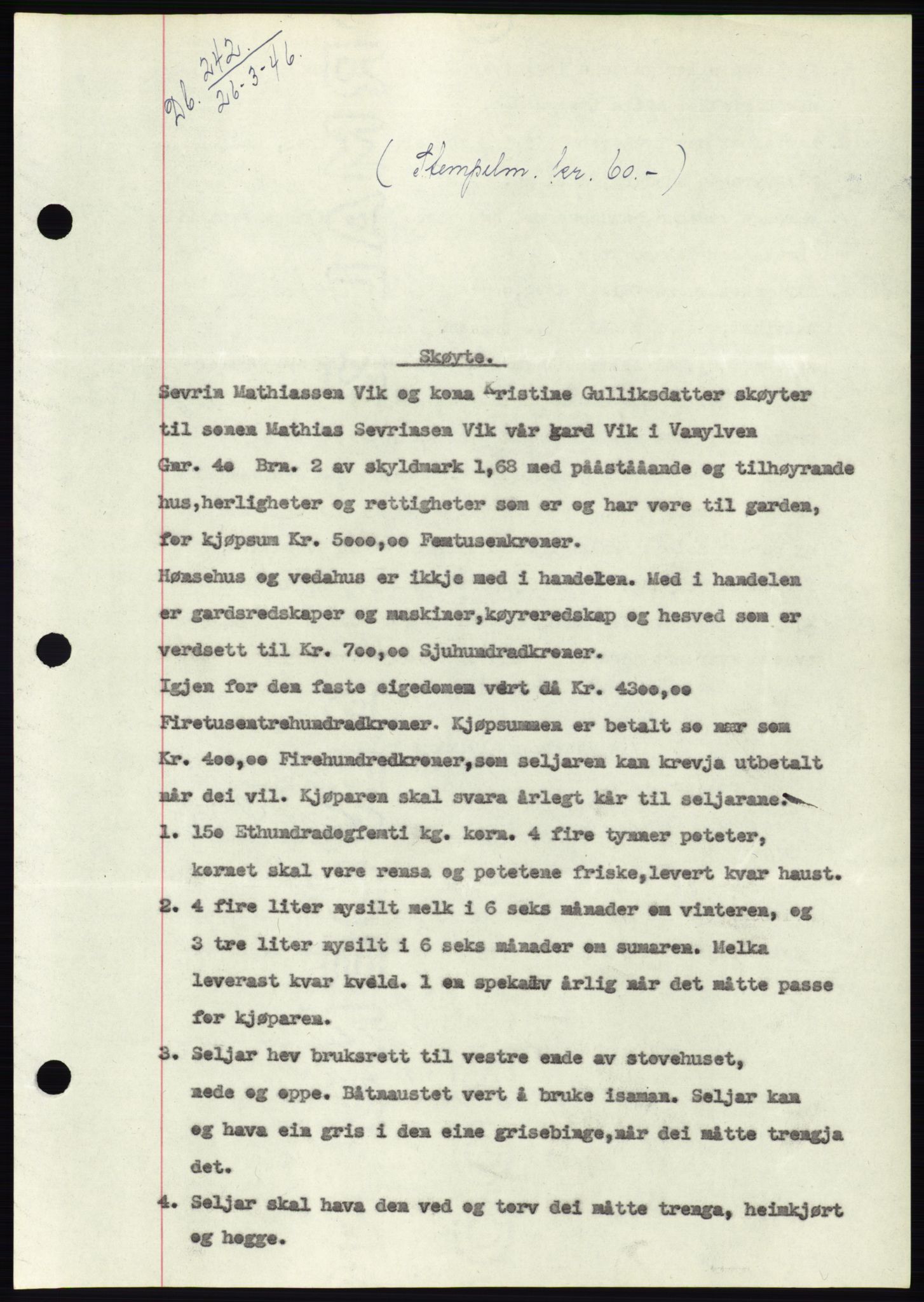 Søre Sunnmøre sorenskriveri, SAT/A-4122/1/2/2C/L0078: Pantebok nr. 4A, 1946-1946, Dagboknr: 242/1946