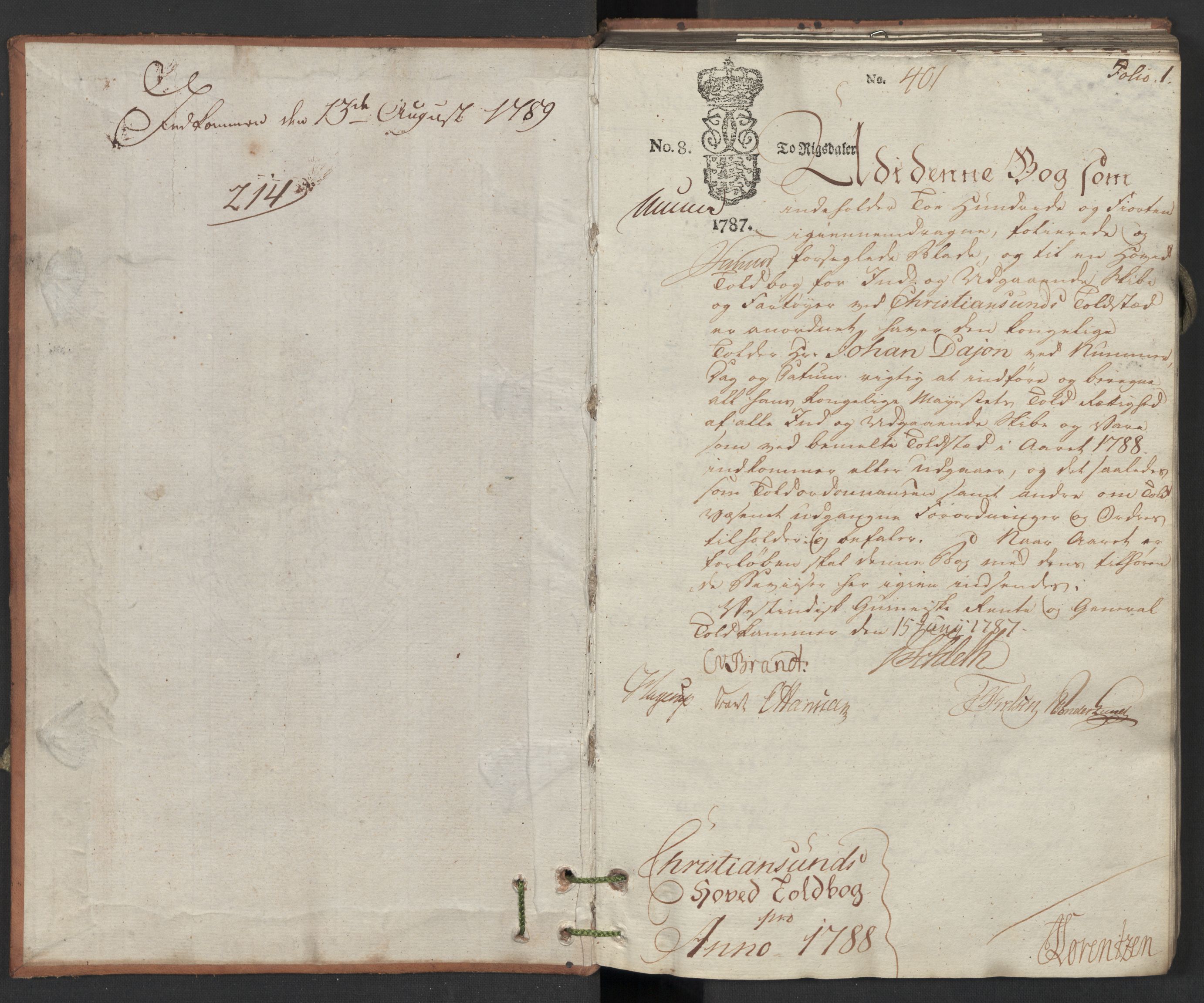 Generaltollkammeret, tollregnskaper, RA/EA-5490/R32/L0045/0001: Tollregnskaper Kristiansund / Hovedtollbok, 1788