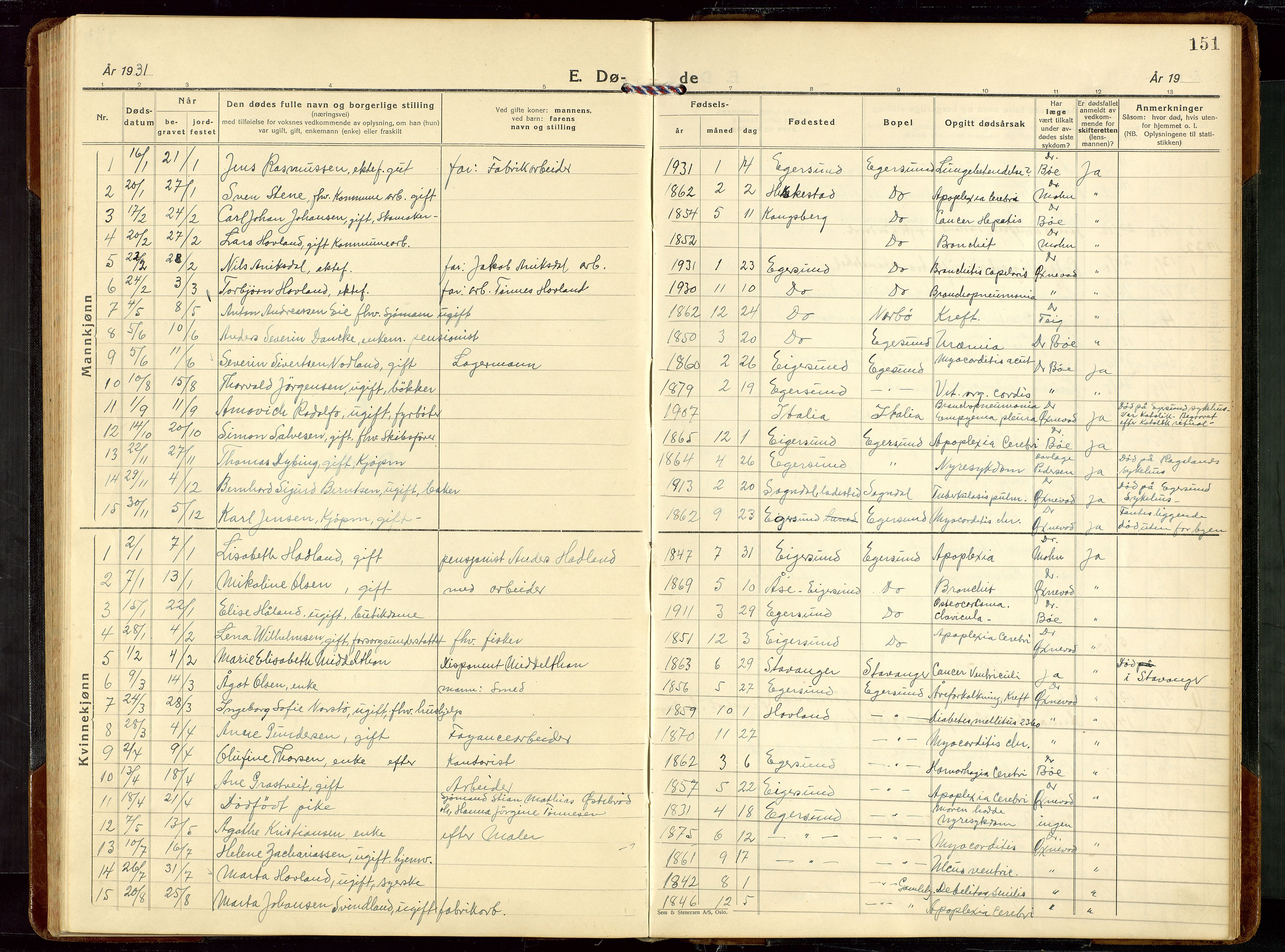 Eigersund sokneprestkontor, SAST/A-101807/S09/L0014: Klokkerbok nr. B 14, 1931-1949, s. 151