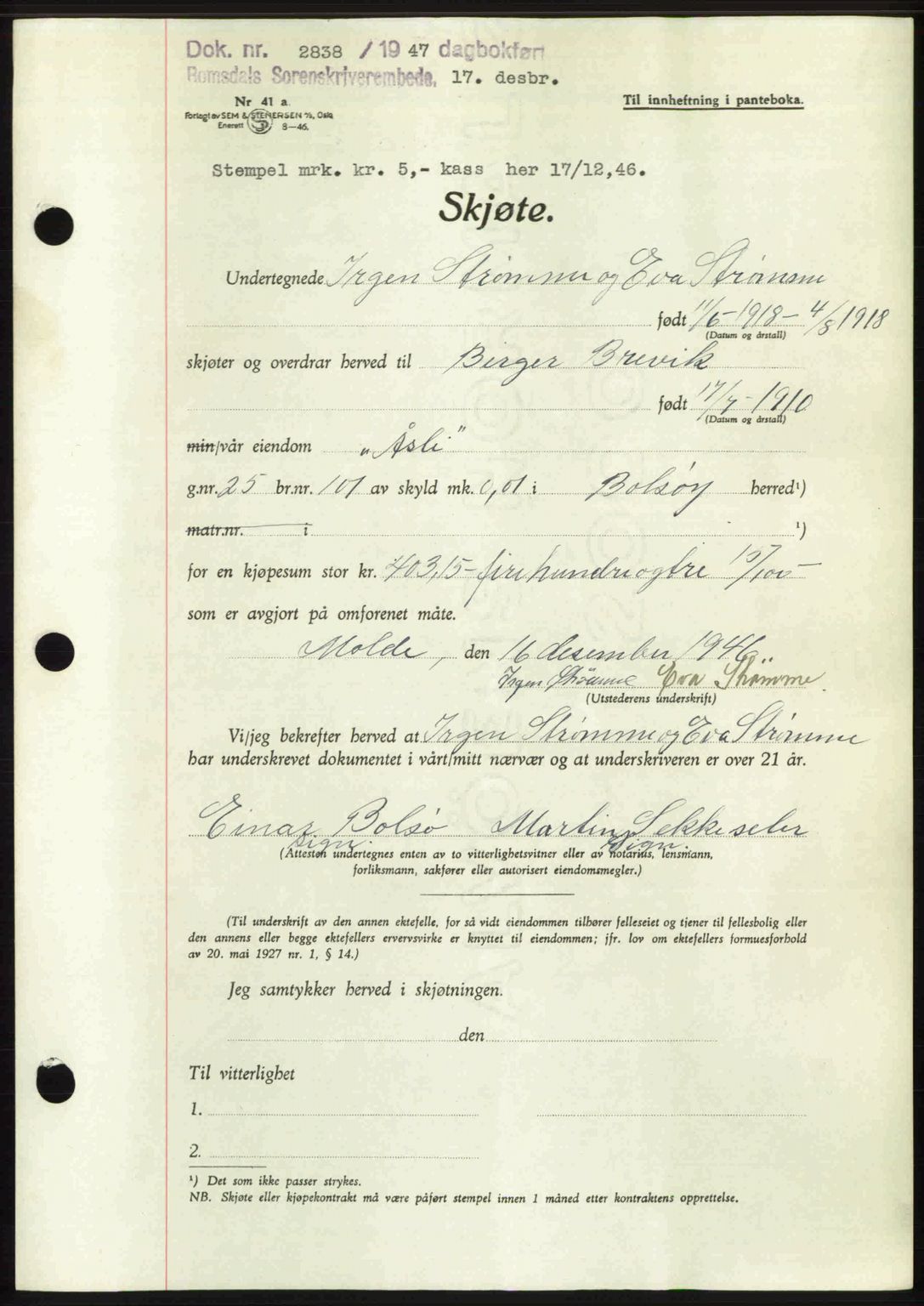 Romsdal sorenskriveri, AV/SAT-A-4149/1/2/2C: Pantebok nr. A21, 1946-1946, Dagboknr: 2838/1946