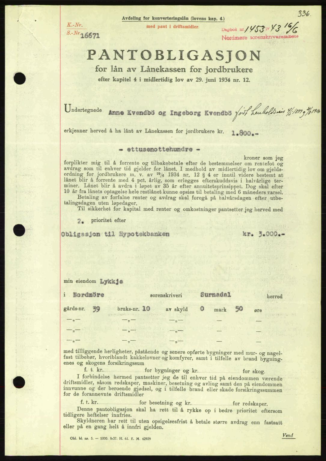 Nordmøre sorenskriveri, SAT/A-4132/1/2/2Ca: Pantebok nr. B90, 1942-1943, Dagboknr: 1453/1943