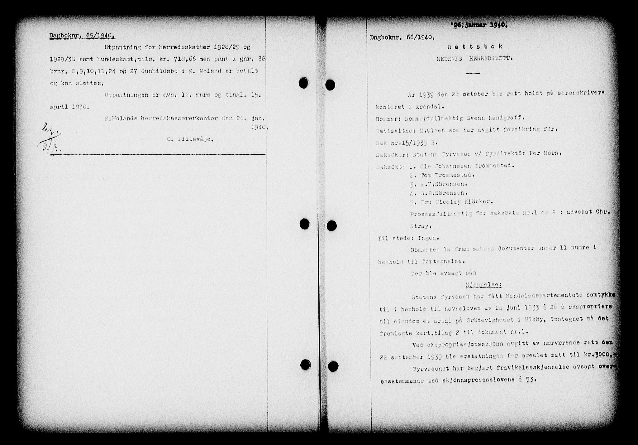 Nedenes sorenskriveri, SAK/1221-0006/G/Gb/Gba/L0047: Pantebok nr. A-I, 1939-1940, Dagboknr: 66/1940