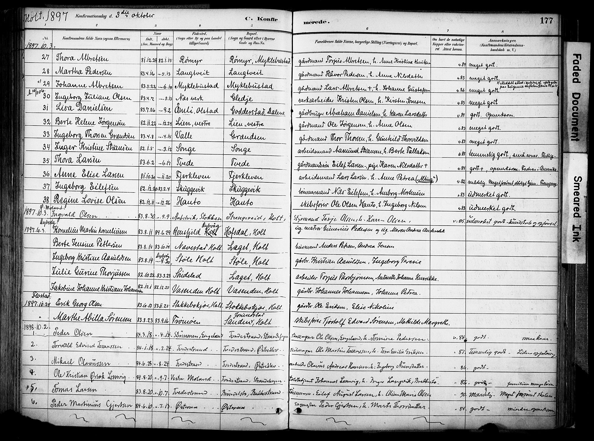 Holt sokneprestkontor, AV/SAK-1111-0021/F/Fa/L0012: Ministerialbok nr. A 12, 1885-1907, s. 177