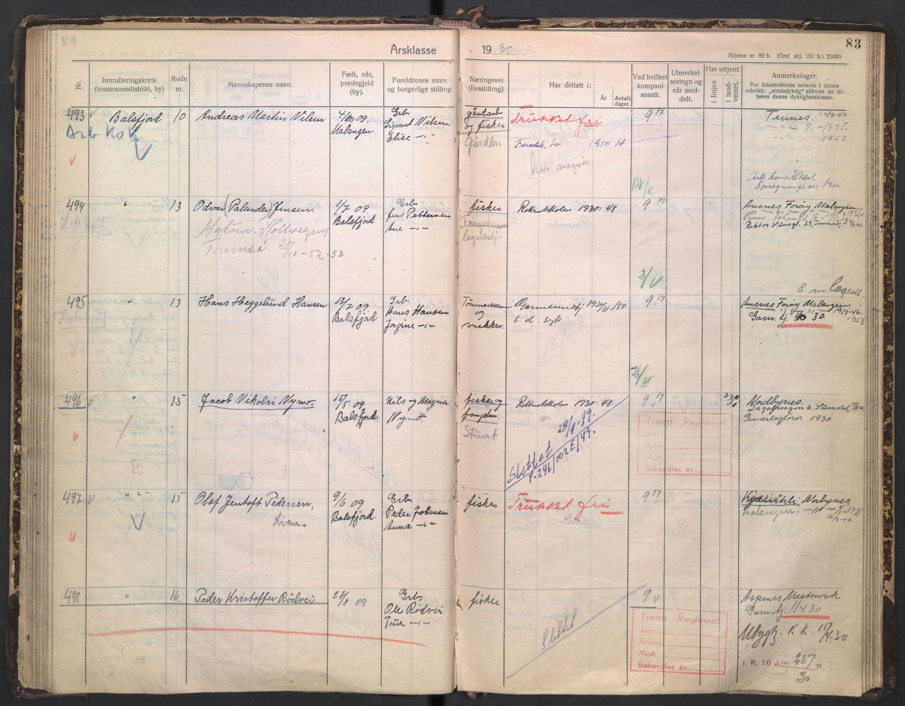 Forsvaret, Troms infanteriregiment nr. 16, AV/RA-RAFA-3146/P/Pa/L0005/0003: Ruller / Rulle for regimentets stridende menige mannskaper, årsklasse 1930, 1930, s. 83