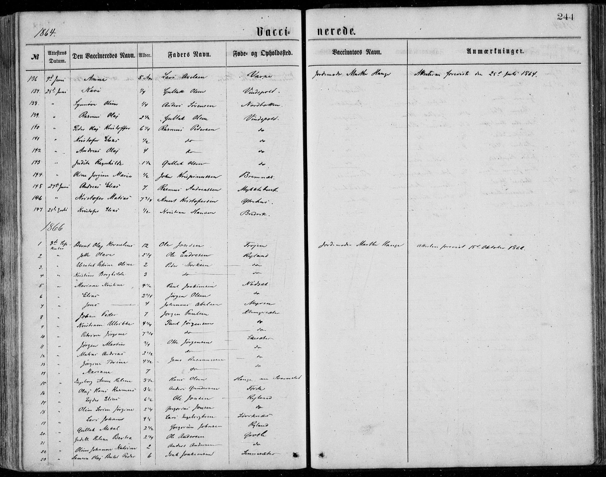 Bremanger sokneprestembete, AV/SAB-A-82201/H/Haa/Haaa/L0001: Ministerialbok nr. A  1, 1864-1883, s. 244