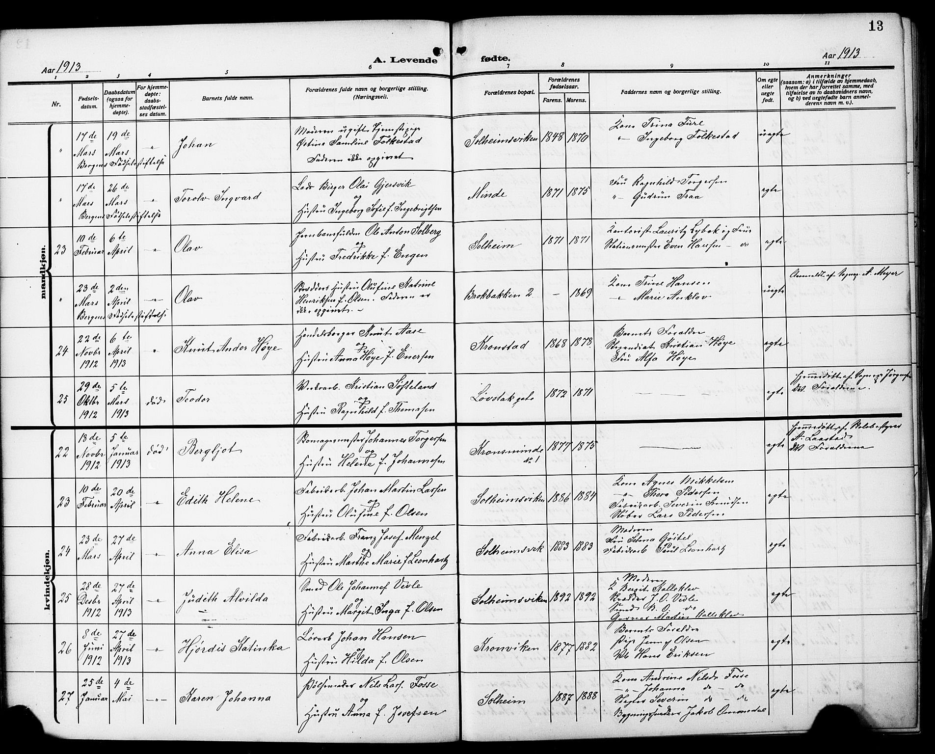 Årstad Sokneprestembete, AV/SAB-A-79301/H/Hab/L0003: Klokkerbok nr. A 3, 1912-1921, s. 13
