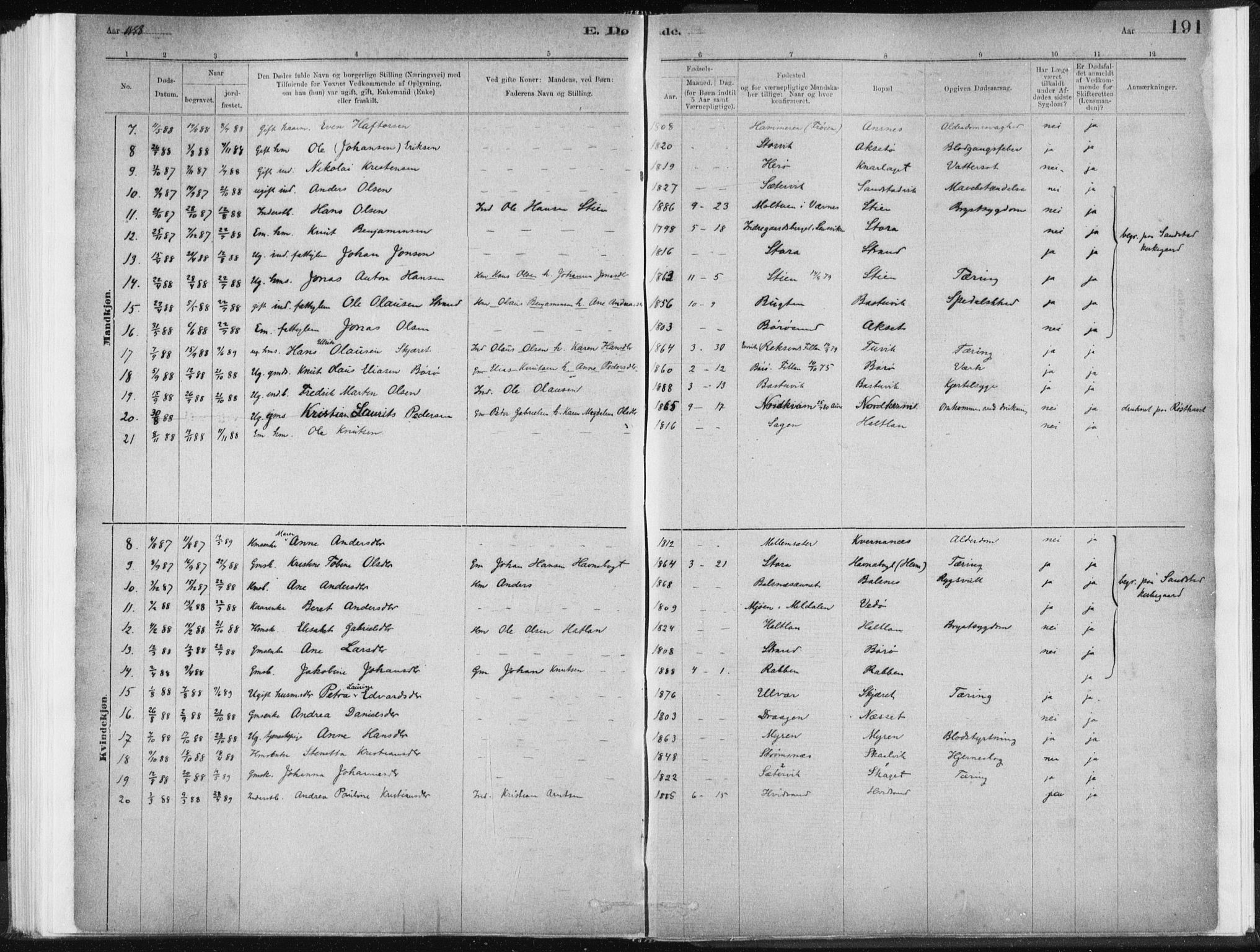 Ministerialprotokoller, klokkerbøker og fødselsregistre - Sør-Trøndelag, SAT/A-1456/637/L0558: Ministerialbok nr. 637A01, 1882-1899, s. 191