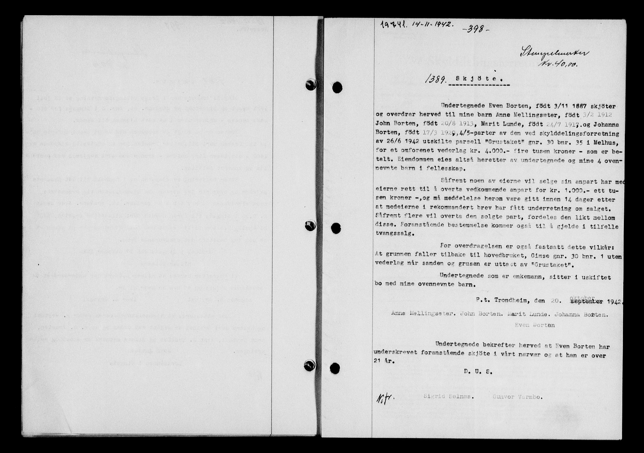 Gauldal sorenskriveri, SAT/A-0014/1/2/2C/L0055: Pantebok nr. 60, 1942-1942, Dagboknr: 1389/1942