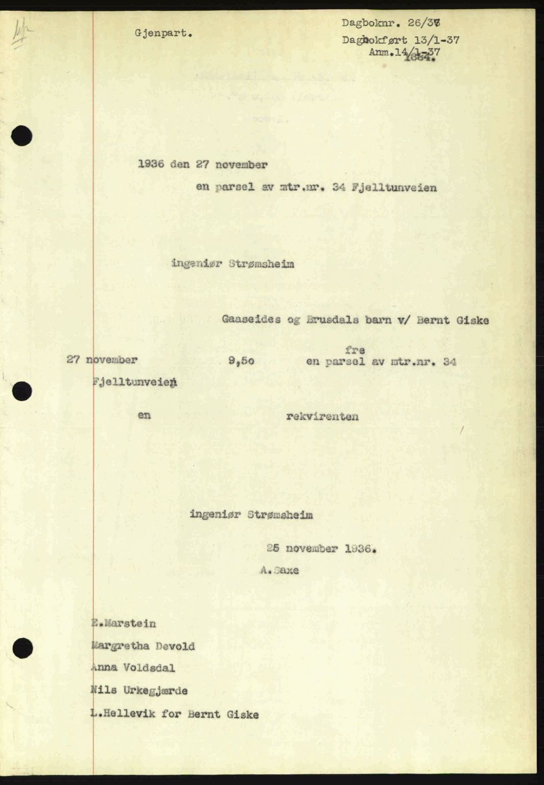 Ålesund byfogd, AV/SAT-A-4384: Pantebok nr. 34 I, 1936-1938, Dagboknr: 26/1937