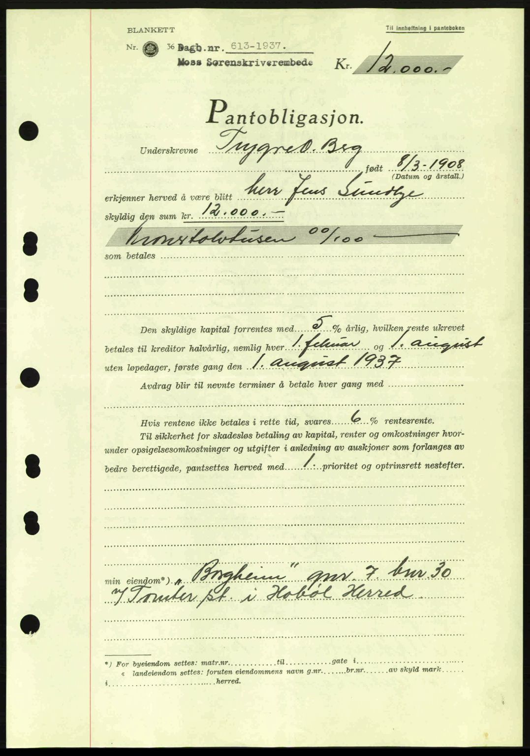 Moss sorenskriveri, SAO/A-10168: Pantebok nr. B3, 1937-1937, Dagboknr: 613/1937