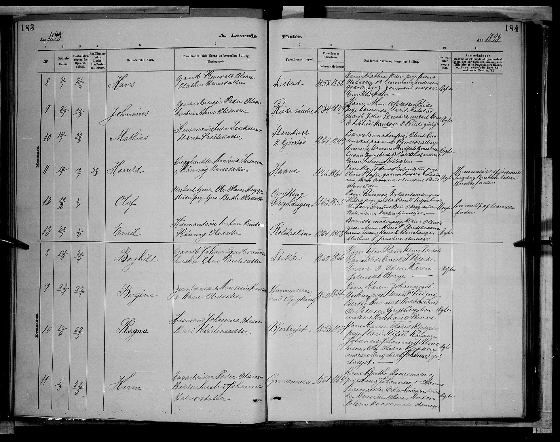Sør-Fron prestekontor, AV/SAH-PREST-010/H/Ha/Hab/L0003: Klokkerbok nr. 3, 1884-1896, s. 183-184