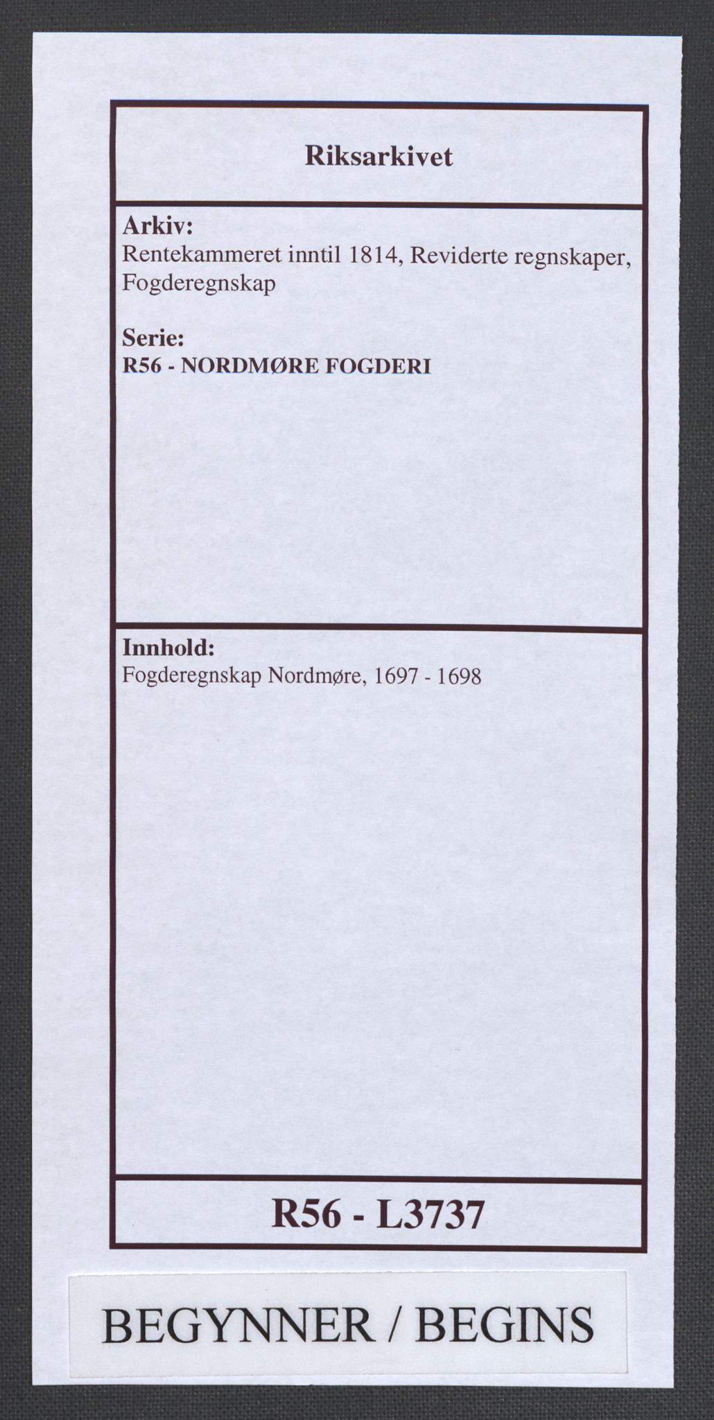 Rentekammeret inntil 1814, Reviderte regnskaper, Fogderegnskap, RA/EA-4092/R56/L3737: Fogderegnskap Nordmøre, 1697-1698, s. 1