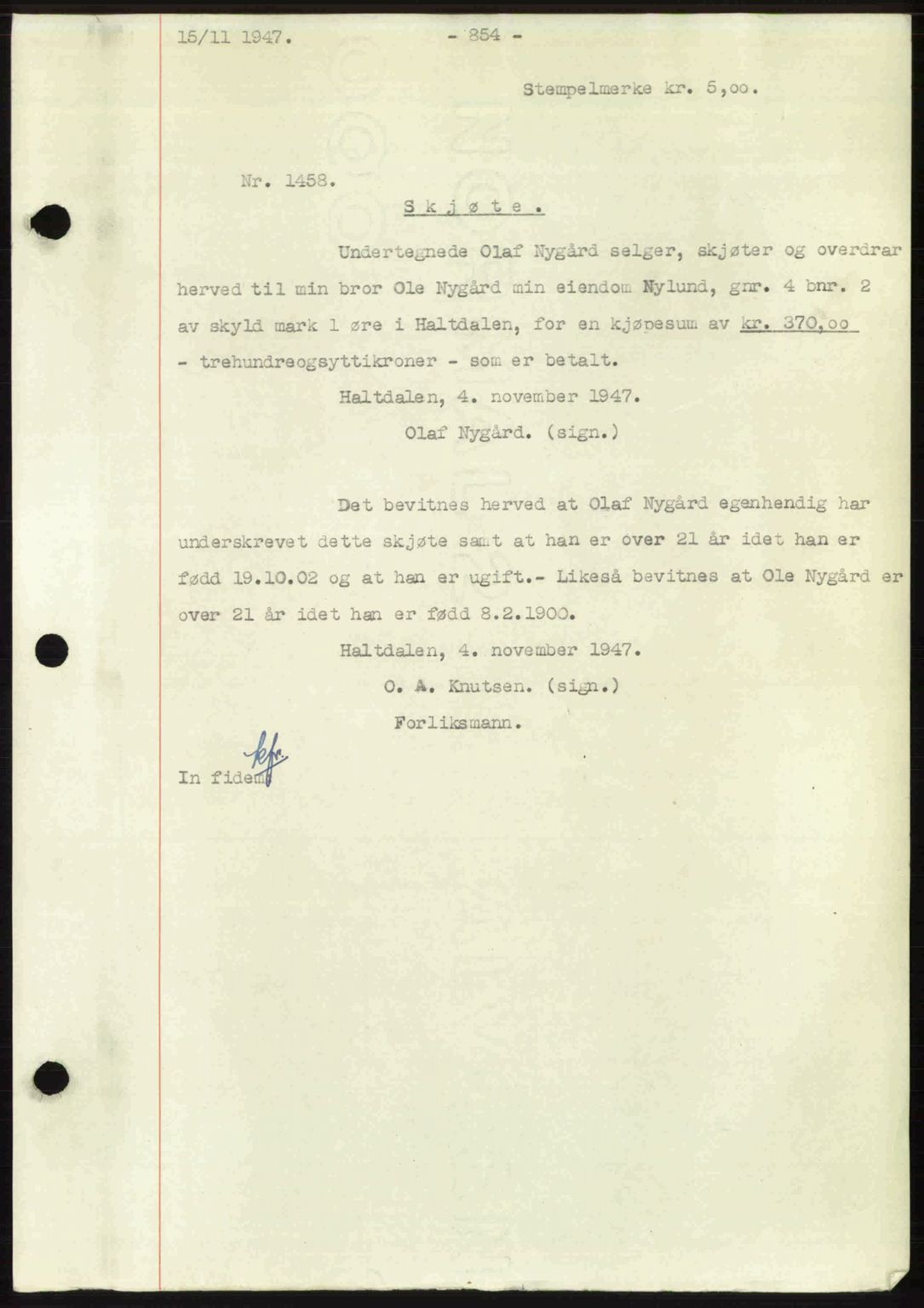 Gauldal sorenskriveri, SAT/A-0014/1/2/2C: Pantebok nr. A5, 1947-1948, Dagboknr: 1458/1947