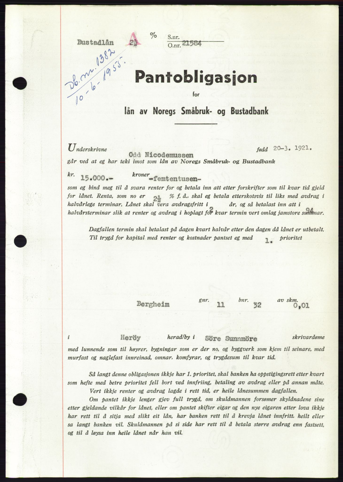 Søre Sunnmøre sorenskriveri, SAT/A-4122/1/2/2C/L0127: Pantebok nr. 15B, 1955-1955, Dagboknr: 1382/1955