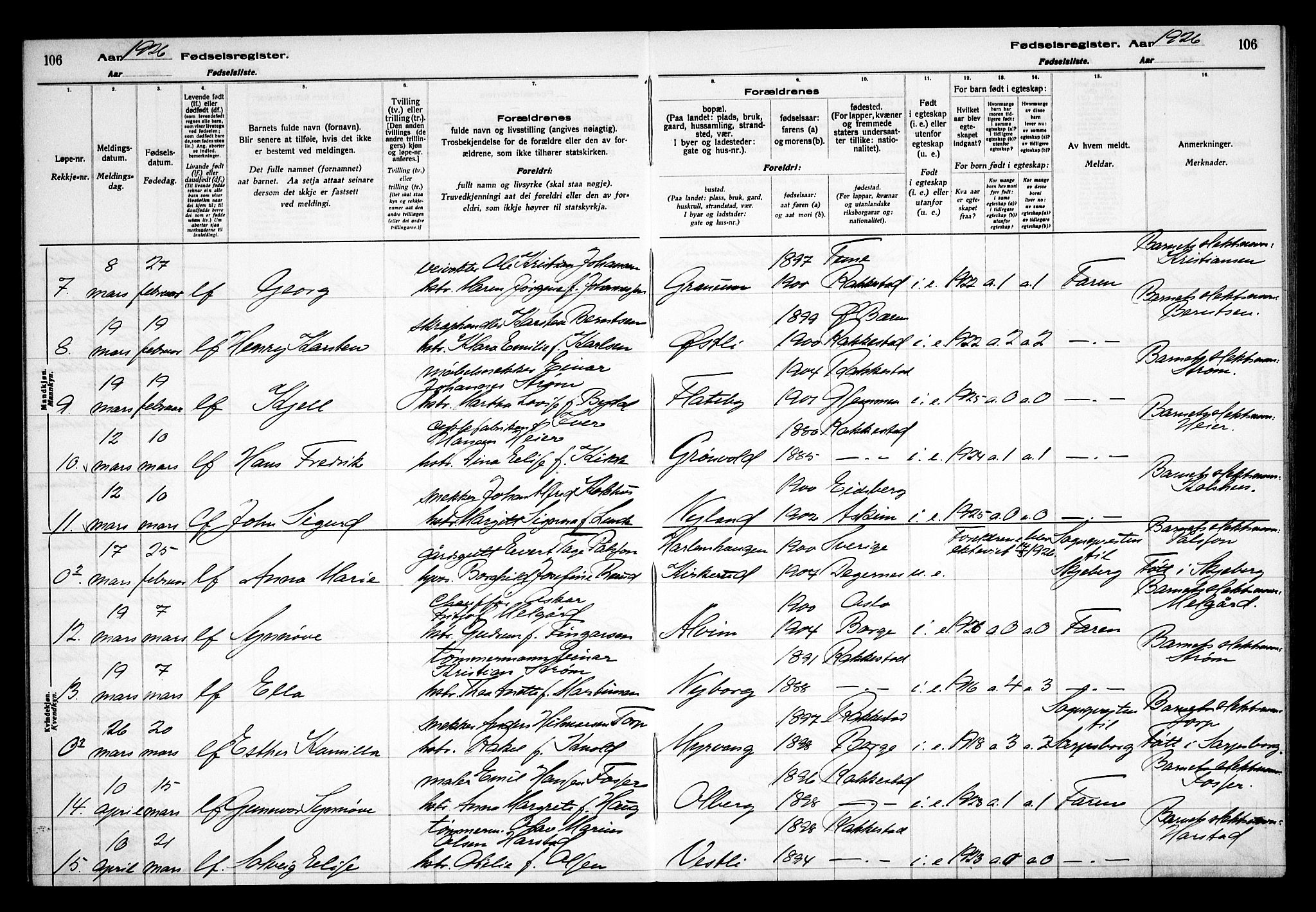 Rakkestad prestekontor Kirkebøker, AV/SAO-A-2008/J/Ja/L0001: Fødselsregister nr. I 1, 1916-1936, s. 106