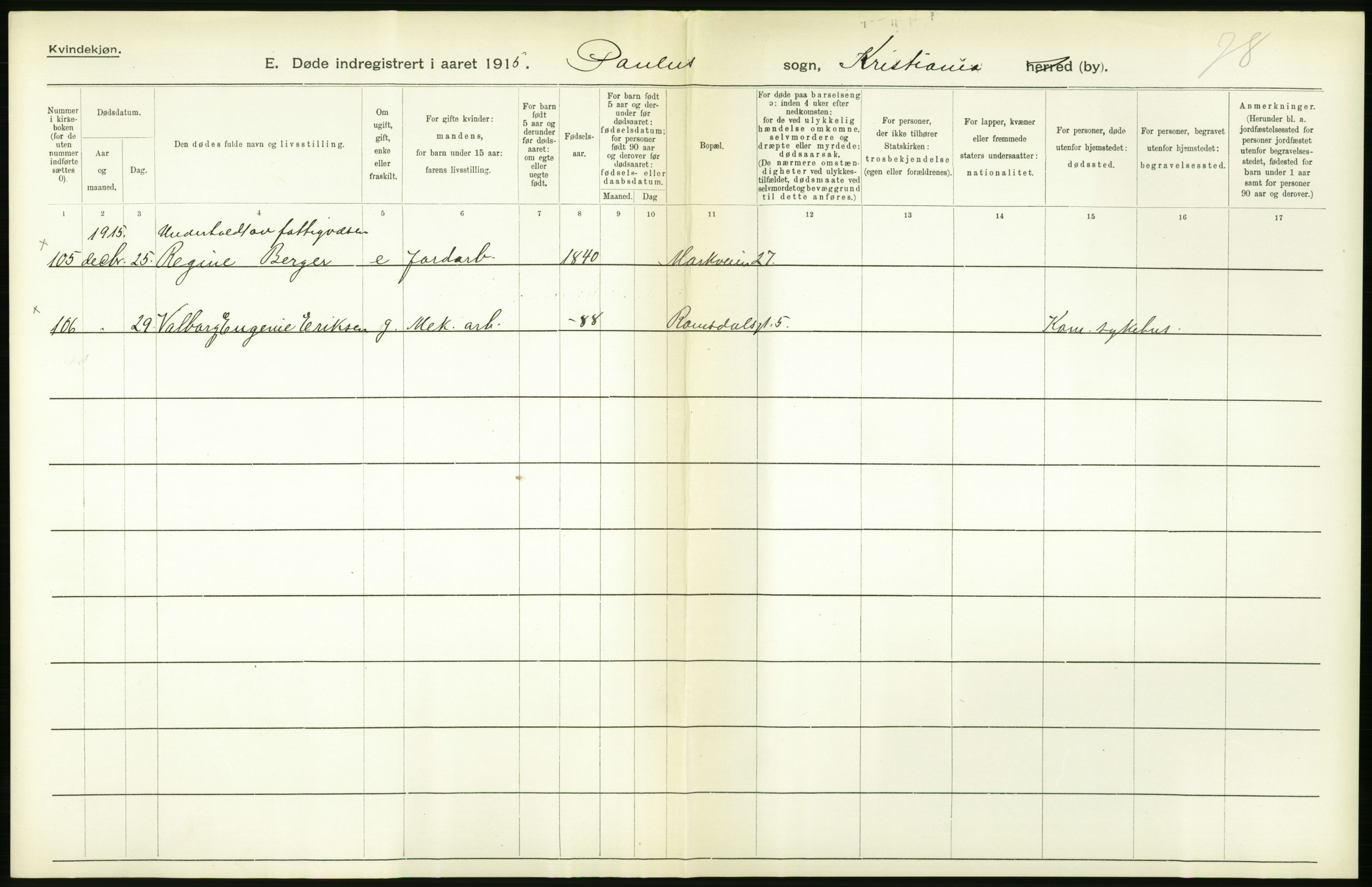 Statistisk sentralbyrå, Sosiodemografiske emner, Befolkning, AV/RA-S-2228/D/Df/Dfb/Dfbe/L0009: Kristiania: Døde., 1915, s. 178