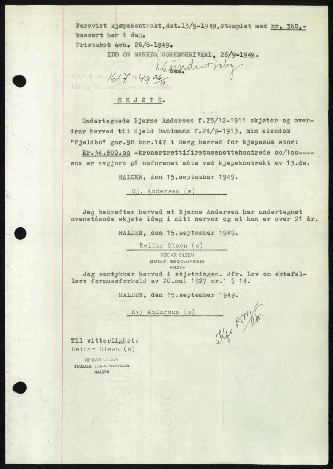 Idd og Marker sorenskriveri, SAO/A-10283/G/Gb/Gbb/L0012: Pantebok nr. A12, 1949-1949, Dagboknr: 1617/1949