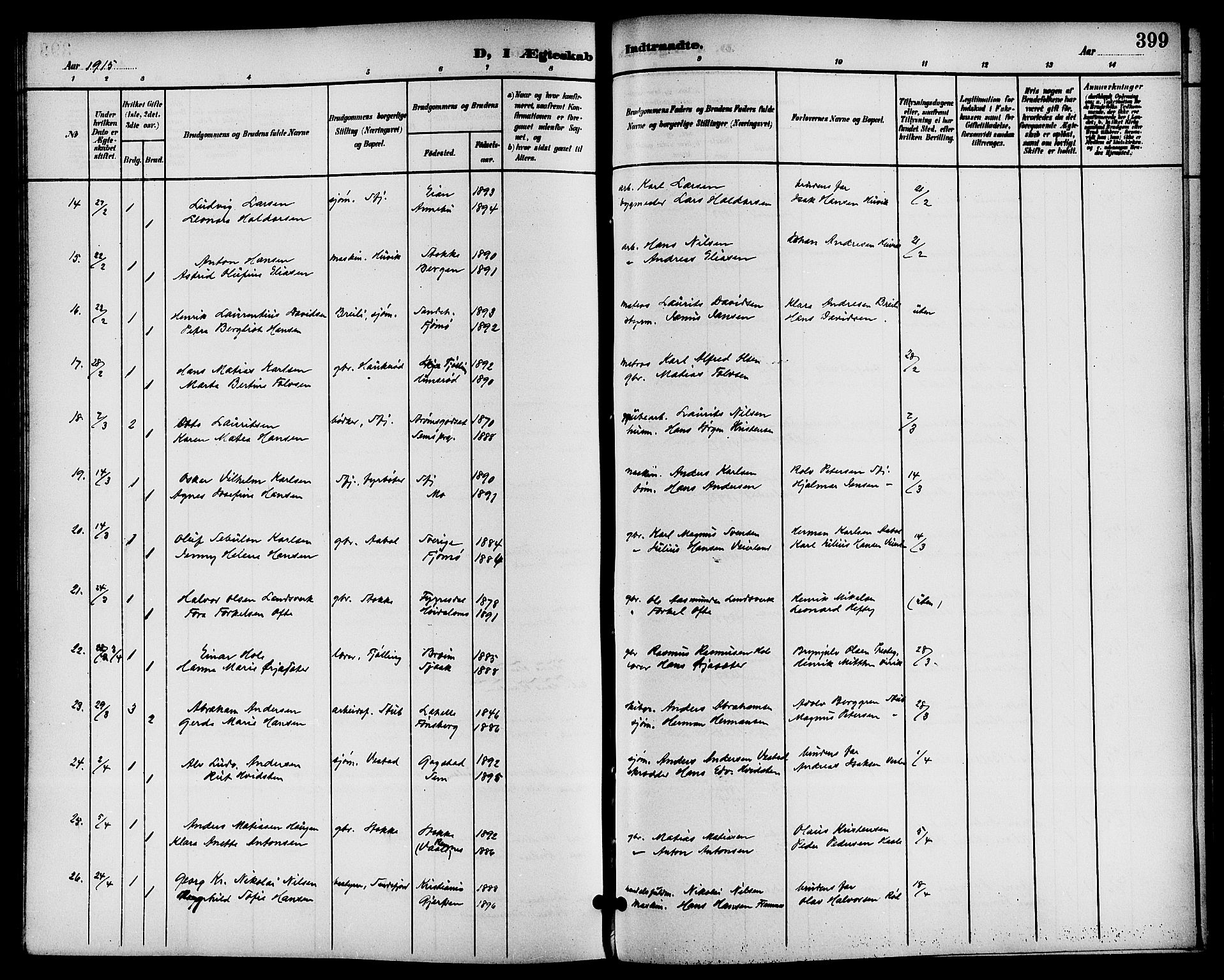 Sandar kirkebøker, AV/SAKO-A-243/G/Ga/L0002: Klokkerbok nr. 2, 1900-1915, s. 399