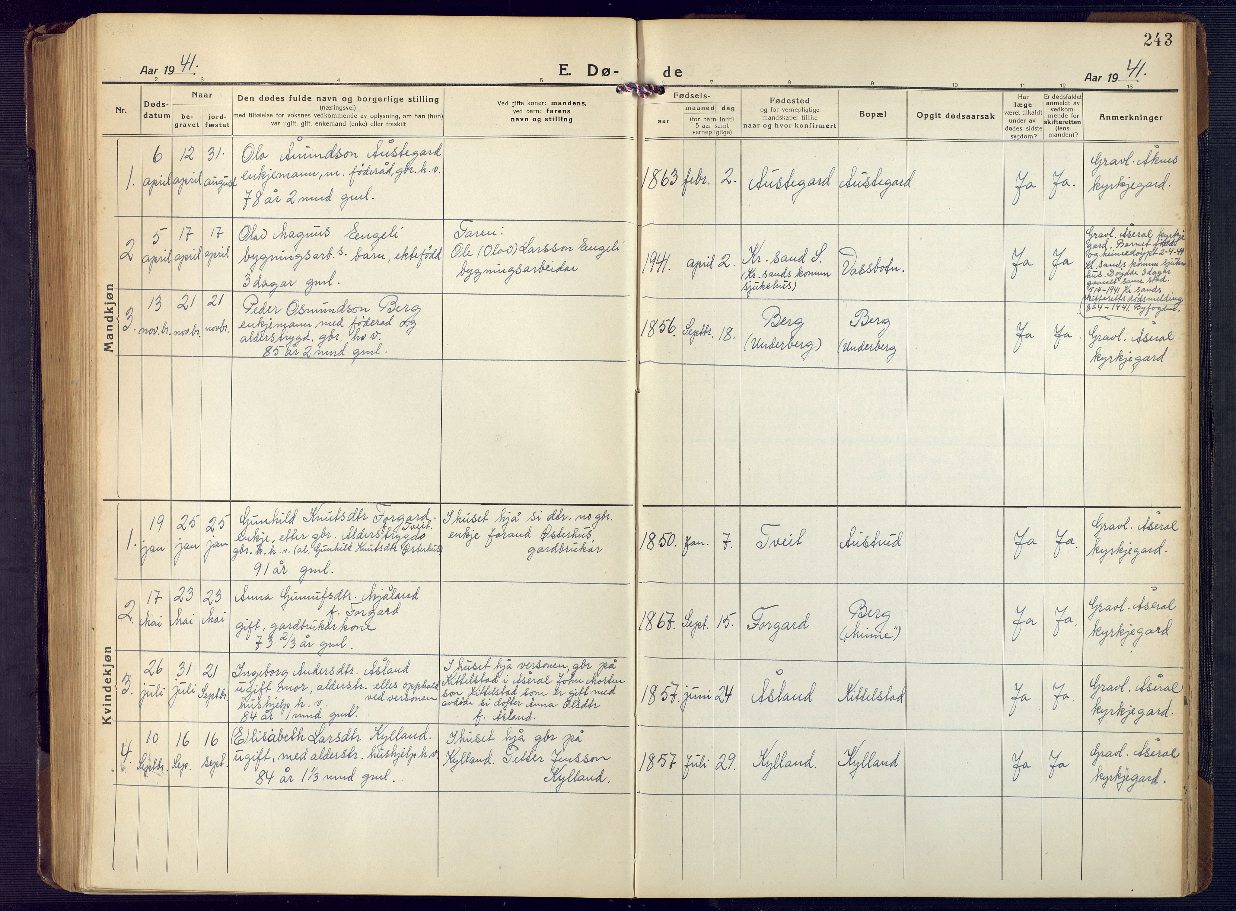 Åseral sokneprestkontor, AV/SAK-1111-0051/F/Fb/L0004: Klokkerbok nr. B 4, 1920-1946, s. 243