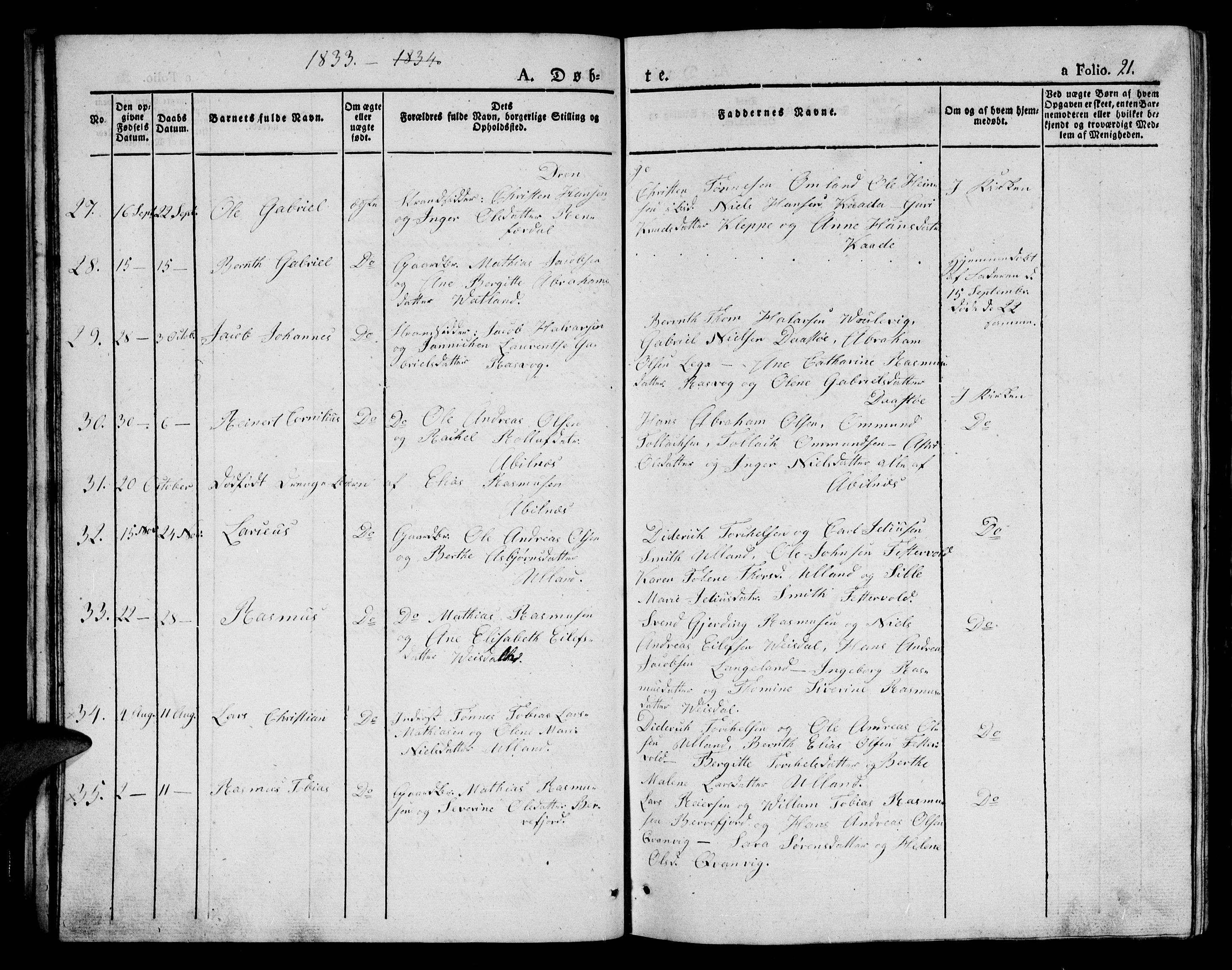 Flekkefjord sokneprestkontor, AV/SAK-1111-0012/F/Fb/Fbb/L0002: Klokkerbok nr. B 2a, 1831-1866, s. 21