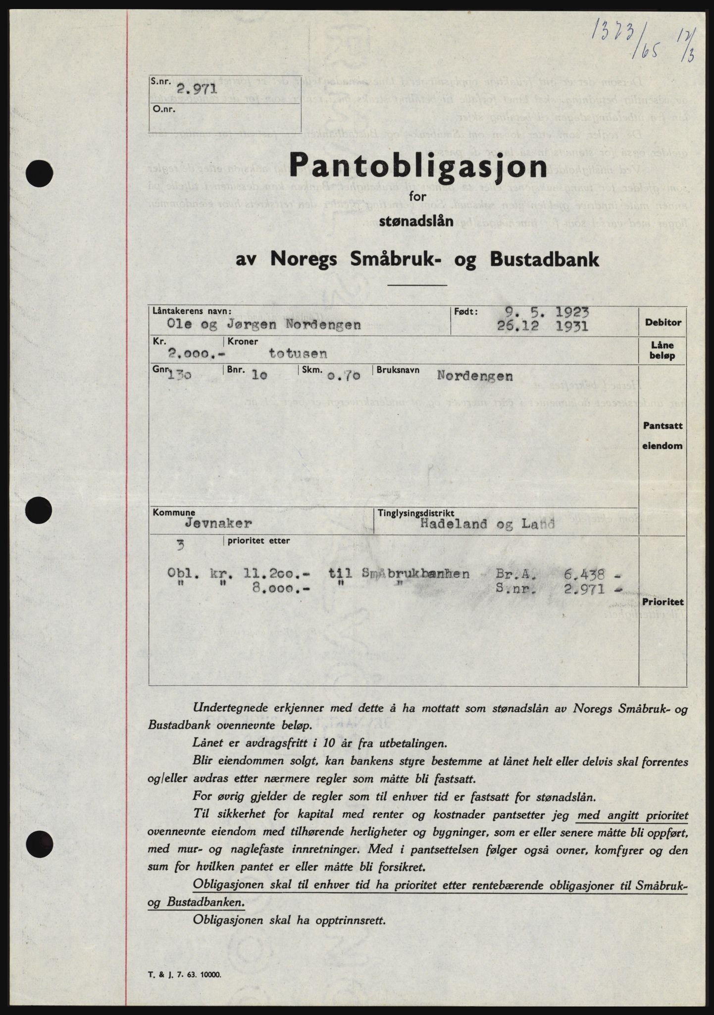 Hadeland og Land tingrett, SAH/TING-010/H/Hb/Hbc/L0058: Pantebok nr. B58, 1965-1965, Dagboknr: 1373/1965