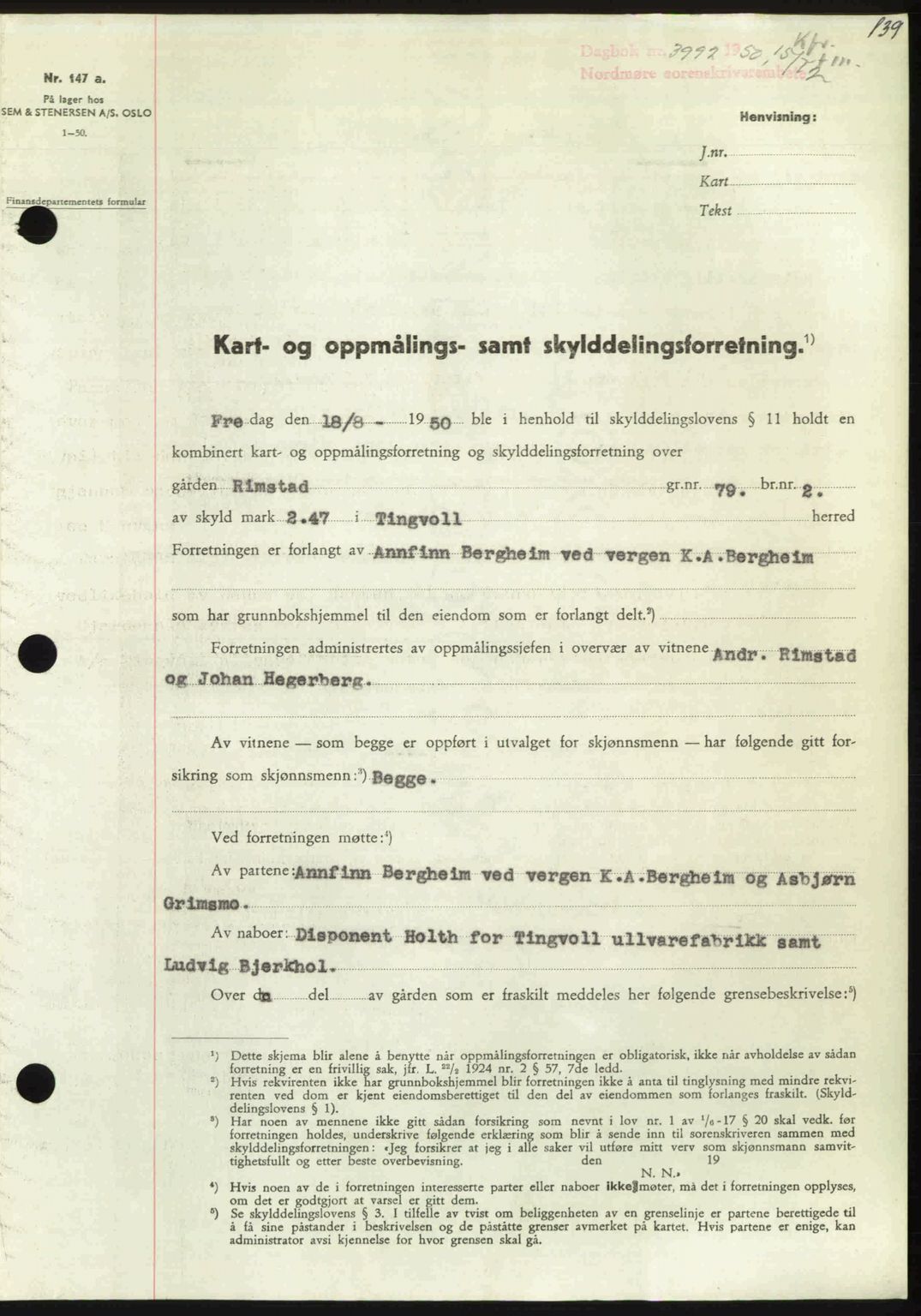 Nordmøre sorenskriveri, AV/SAT-A-4132/1/2/2Ca: Pantebok nr. A117, 1950-1950, Dagboknr: 3992/1950