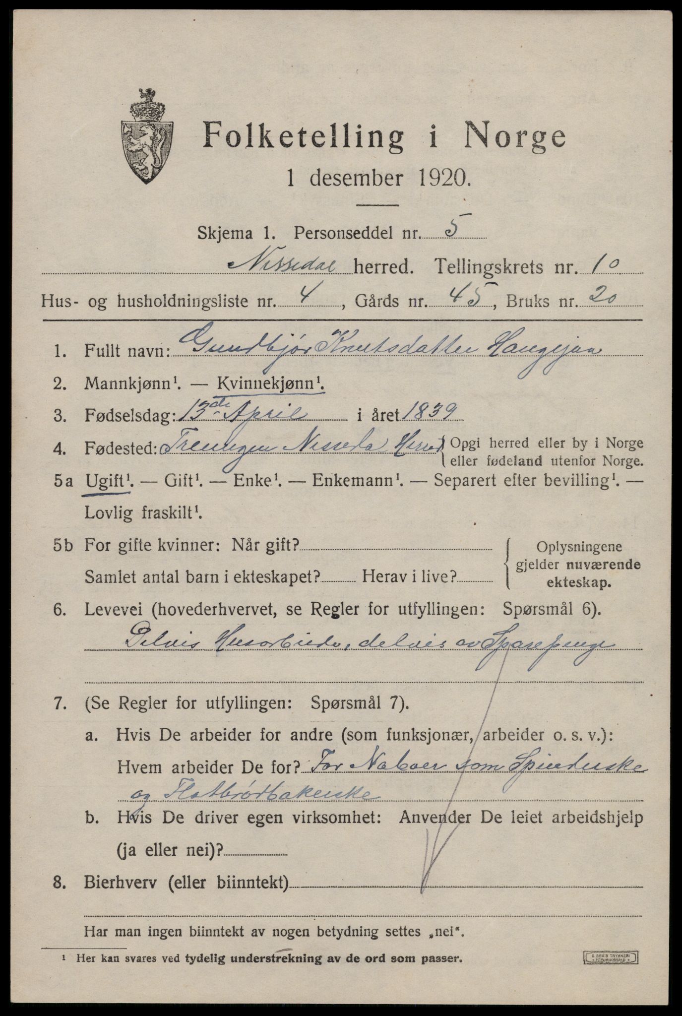 SAKO, Folketelling 1920 for 0830 Nissedal herred, 1920, s. 3915