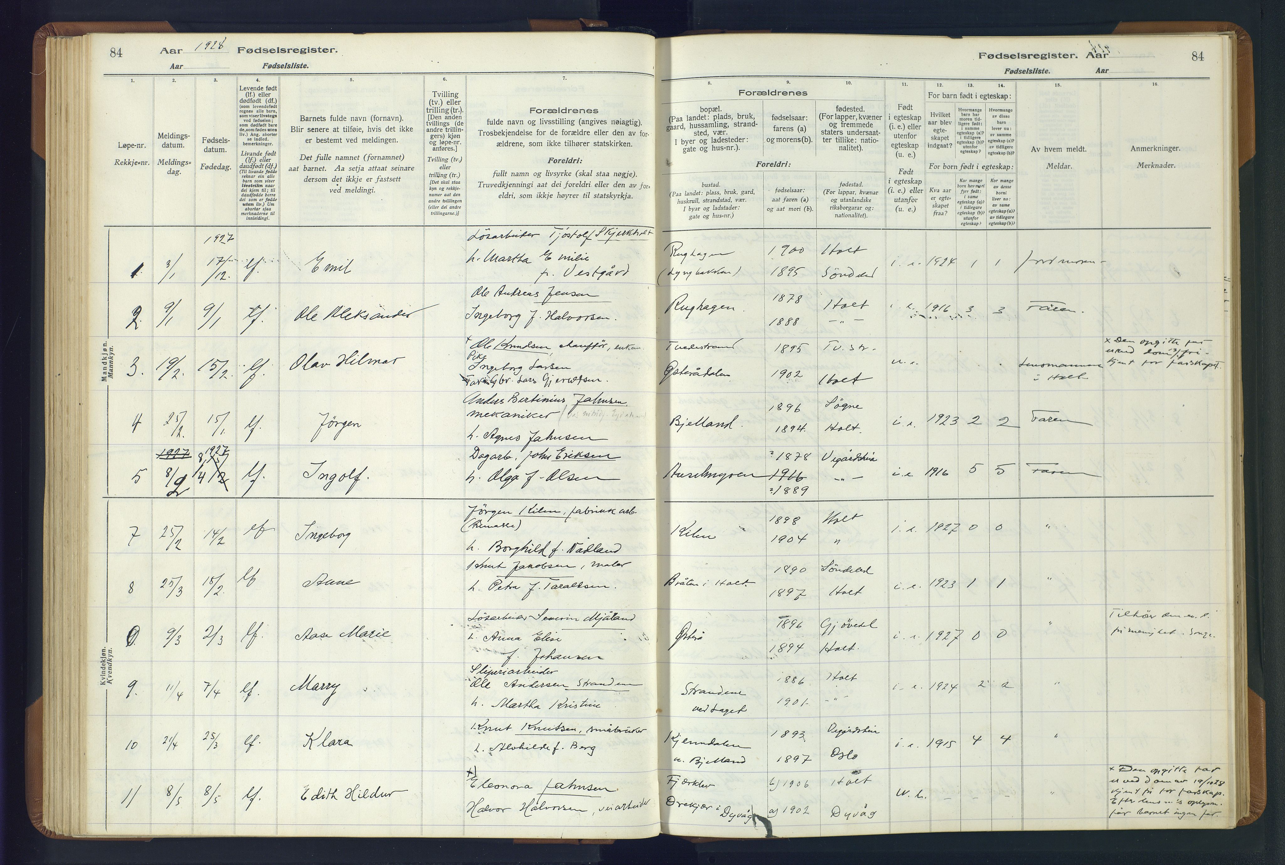 Holt sokneprestkontor, AV/SAK-1111-0021/J/Ja/L0001: Fødselsregister nr. II.4.1, 1916-1946, s. 84