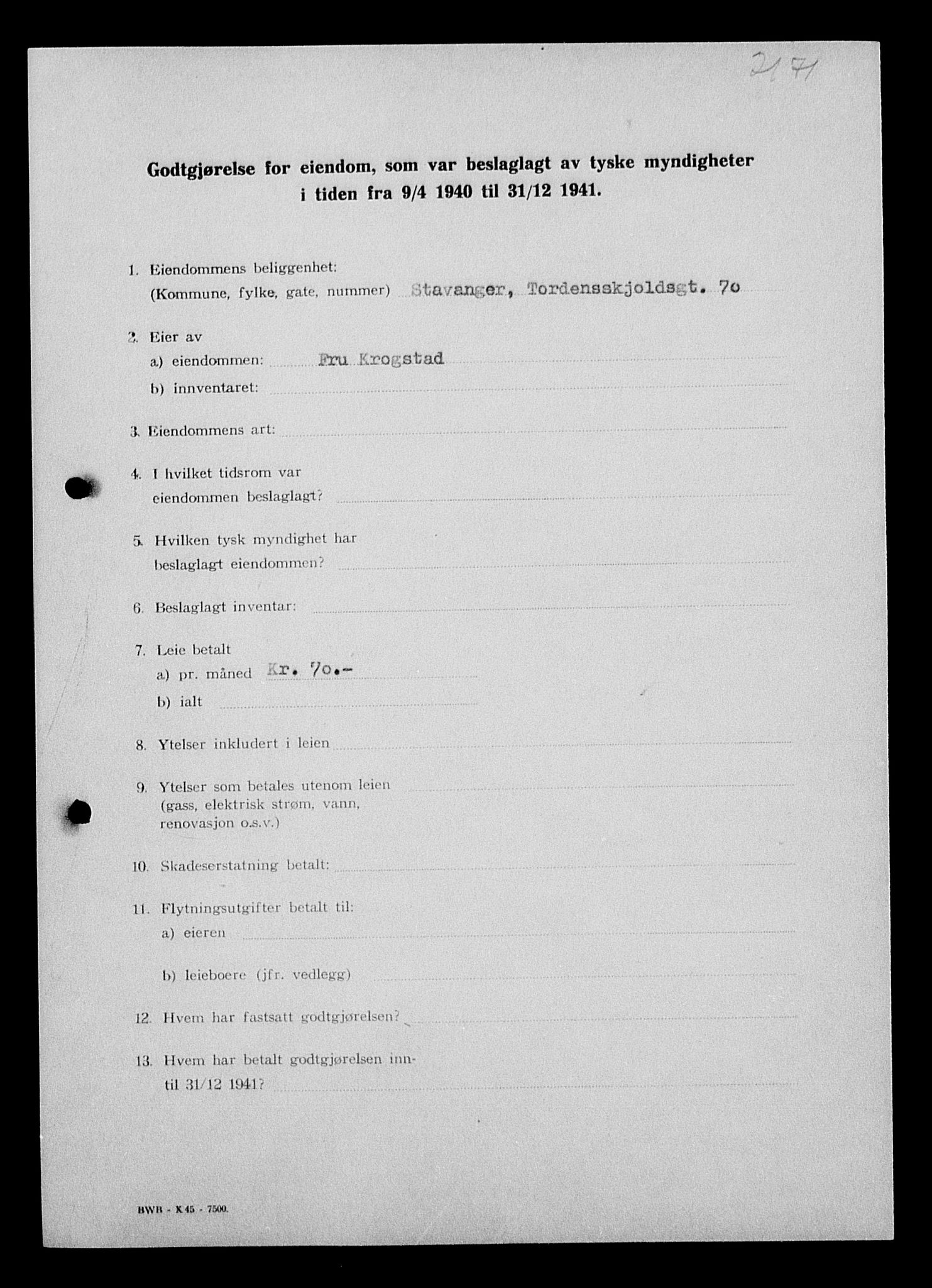 Justisdepartementet, Tilbakeføringskontoret for inndratte formuer, AV/RA-S-1564/I/L1014: Godtgjørelse for beslaglagt eiendom, 1940-1941, s. 72