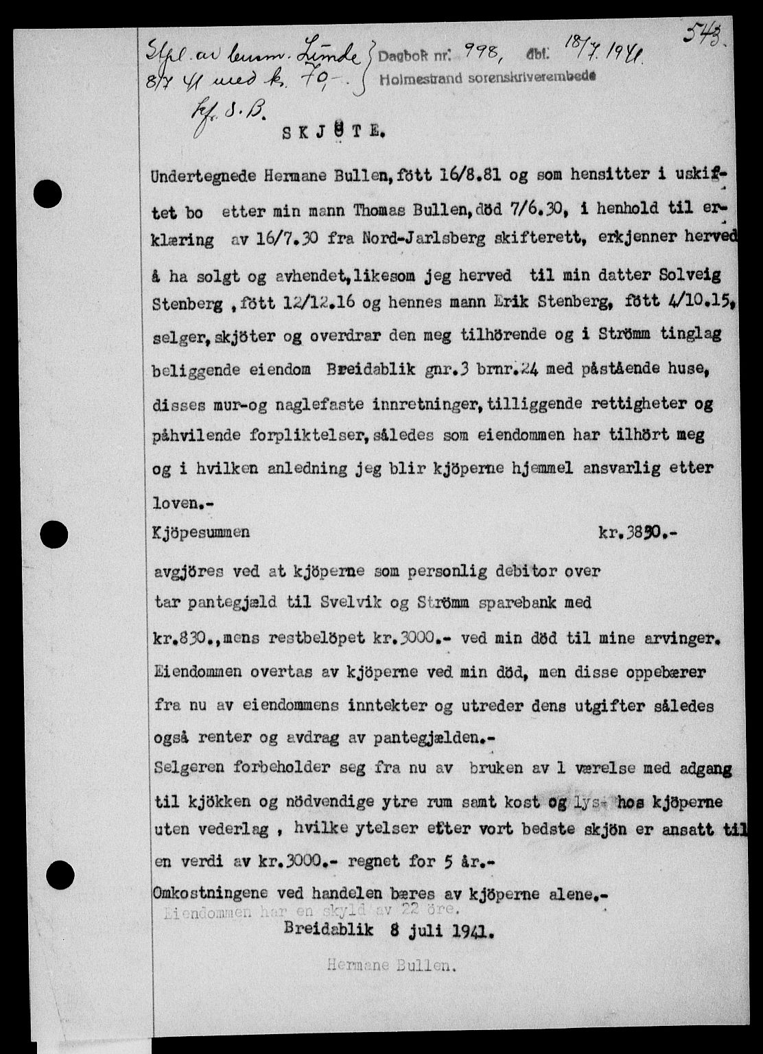 Holmestrand sorenskriveri, SAKO/A-67/G/Ga/Gaa/L0053: Pantebok nr. A-53, 1941-1941, Dagboknr: 998/1941