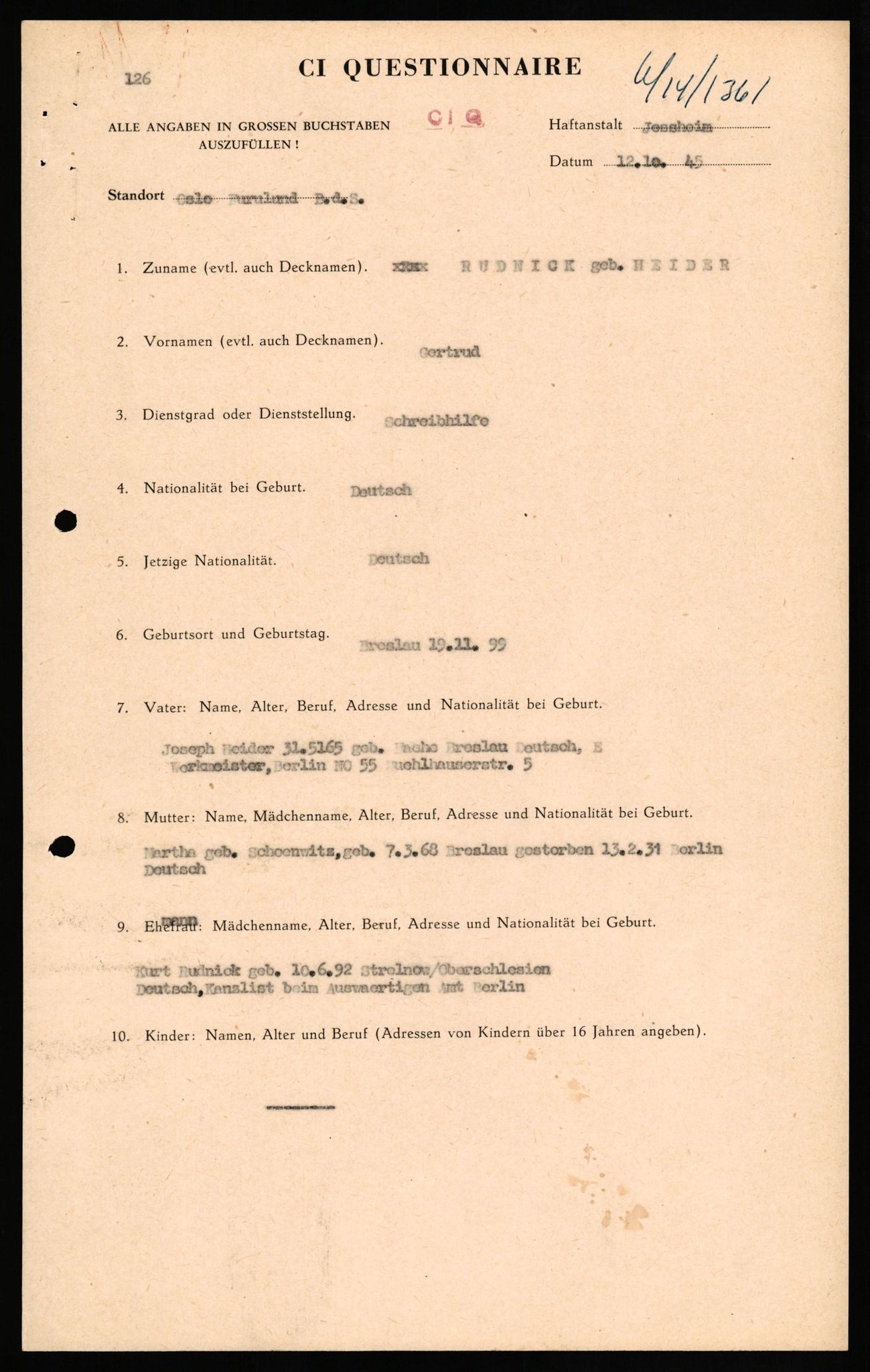 Forsvaret, Forsvarets overkommando II, AV/RA-RAFA-3915/D/Db/L0028: CI Questionaires. Tyske okkupasjonsstyrker i Norge. Tyskere., 1945-1946, s. 195