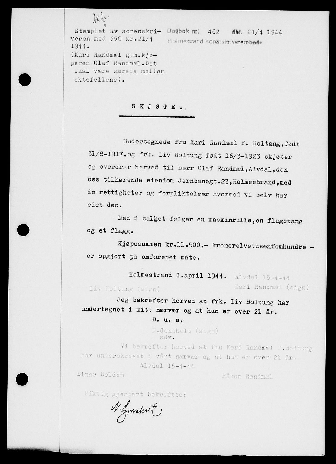 Holmestrand sorenskriveri, SAKO/A-67/G/Ga/Gaa/L0058: Pantebok nr. A-58, 1944-1944, Dagboknr: 462/1944