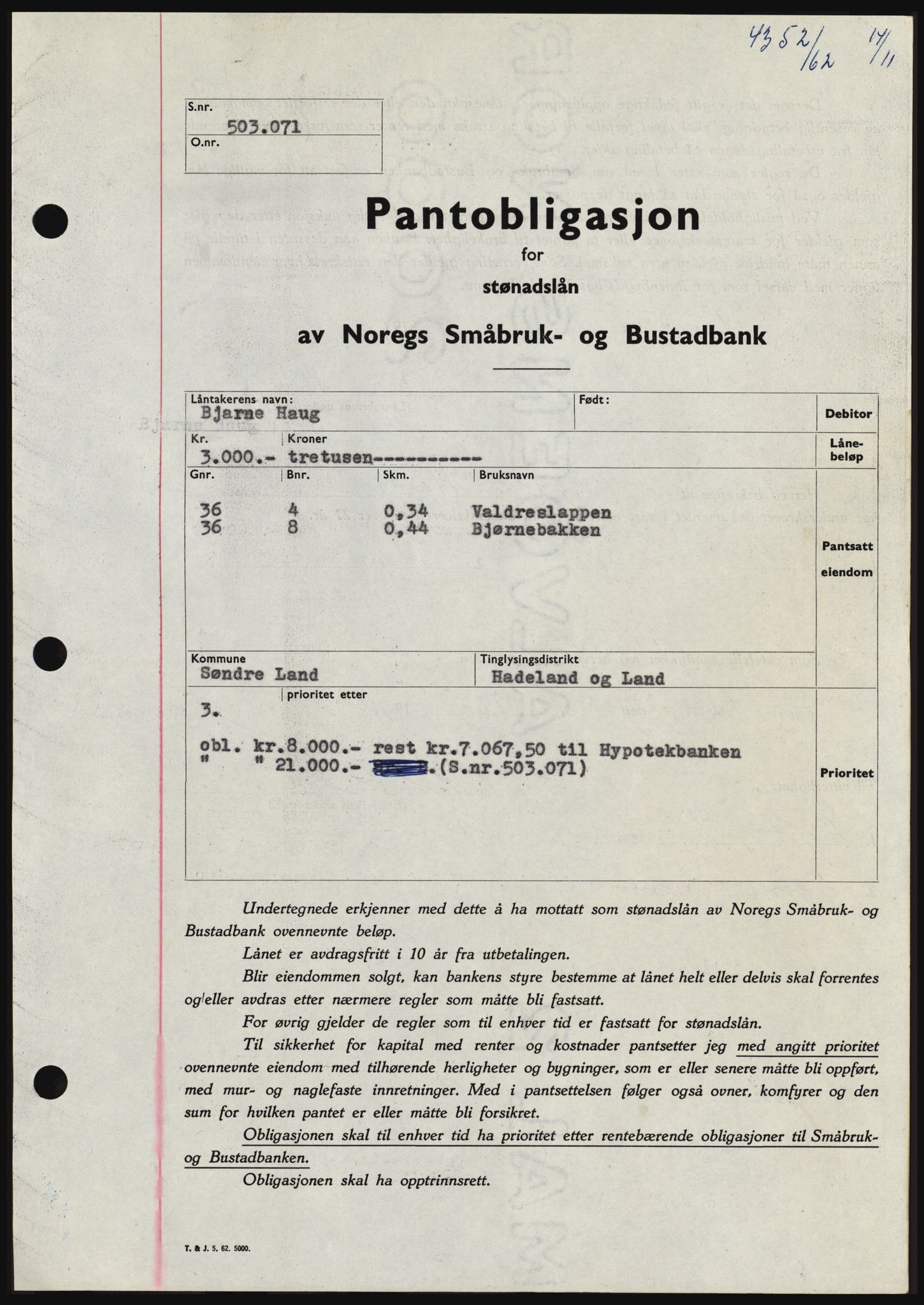 Hadeland og Land tingrett, SAH/TING-010/H/Hb/Hbc/L0050: Pantebok nr. B50, 1962-1963, Dagboknr: 4352/1962