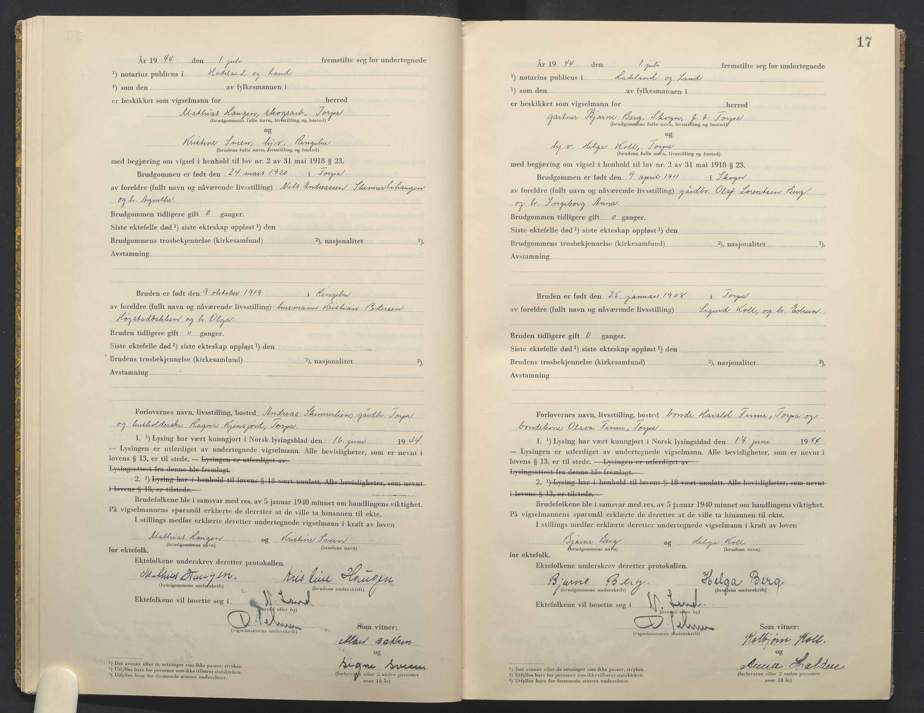 Hadeland og Land tingrett, AV/SAH-TING-010/L/Lb/L0003: Vigselbok, 1944-1946, s. 17