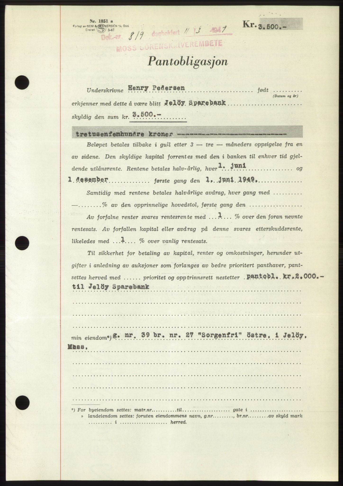 Moss sorenskriveri, SAO/A-10168: Pantebok nr. B21, 1949-1949, Dagboknr: 819/1949