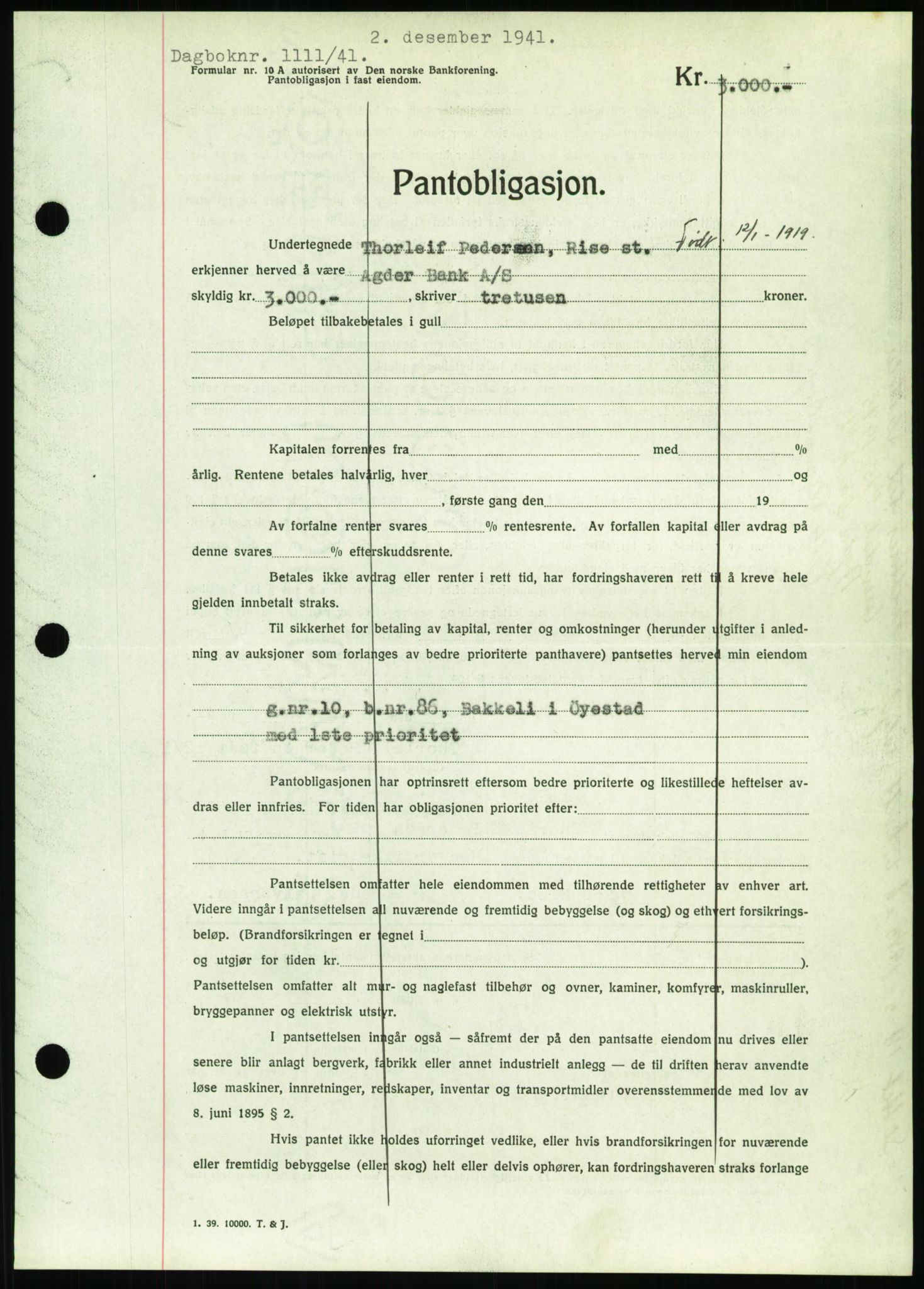 Nedenes sorenskriveri, SAK/1221-0006/G/Gb/Gbb/L0001: Pantebok nr. I, 1939-1942, Dagboknr: 1111/1941