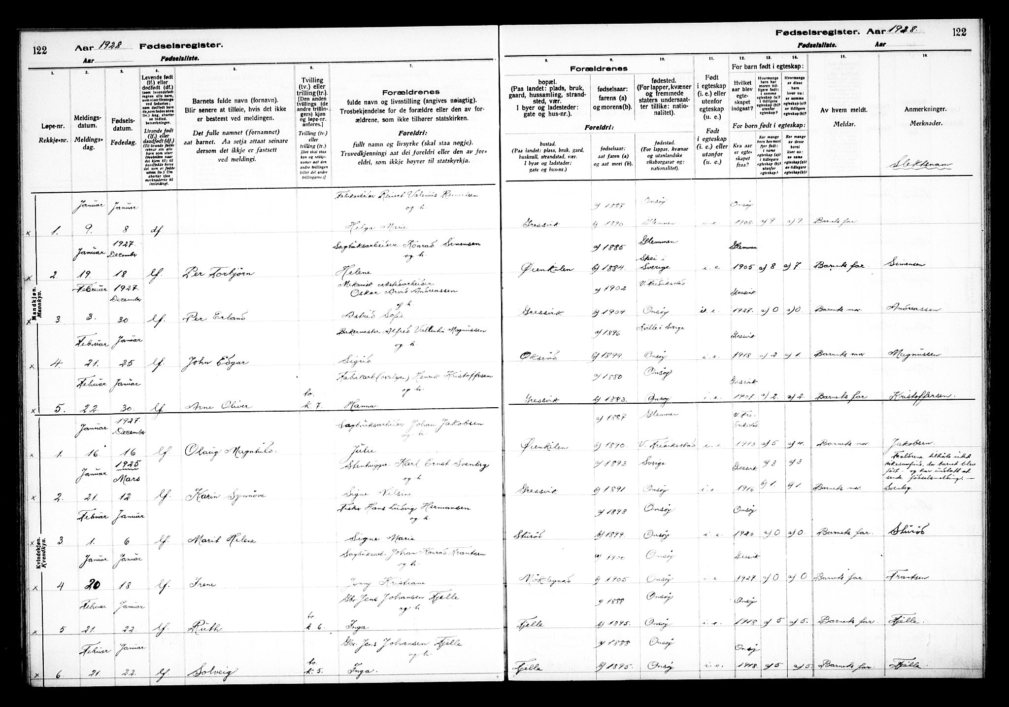 Onsøy prestekontor Kirkebøker, SAO/A-10914/J/Jb/L0001: Fødselsregister nr. II 1, 1916-1938, s. 122