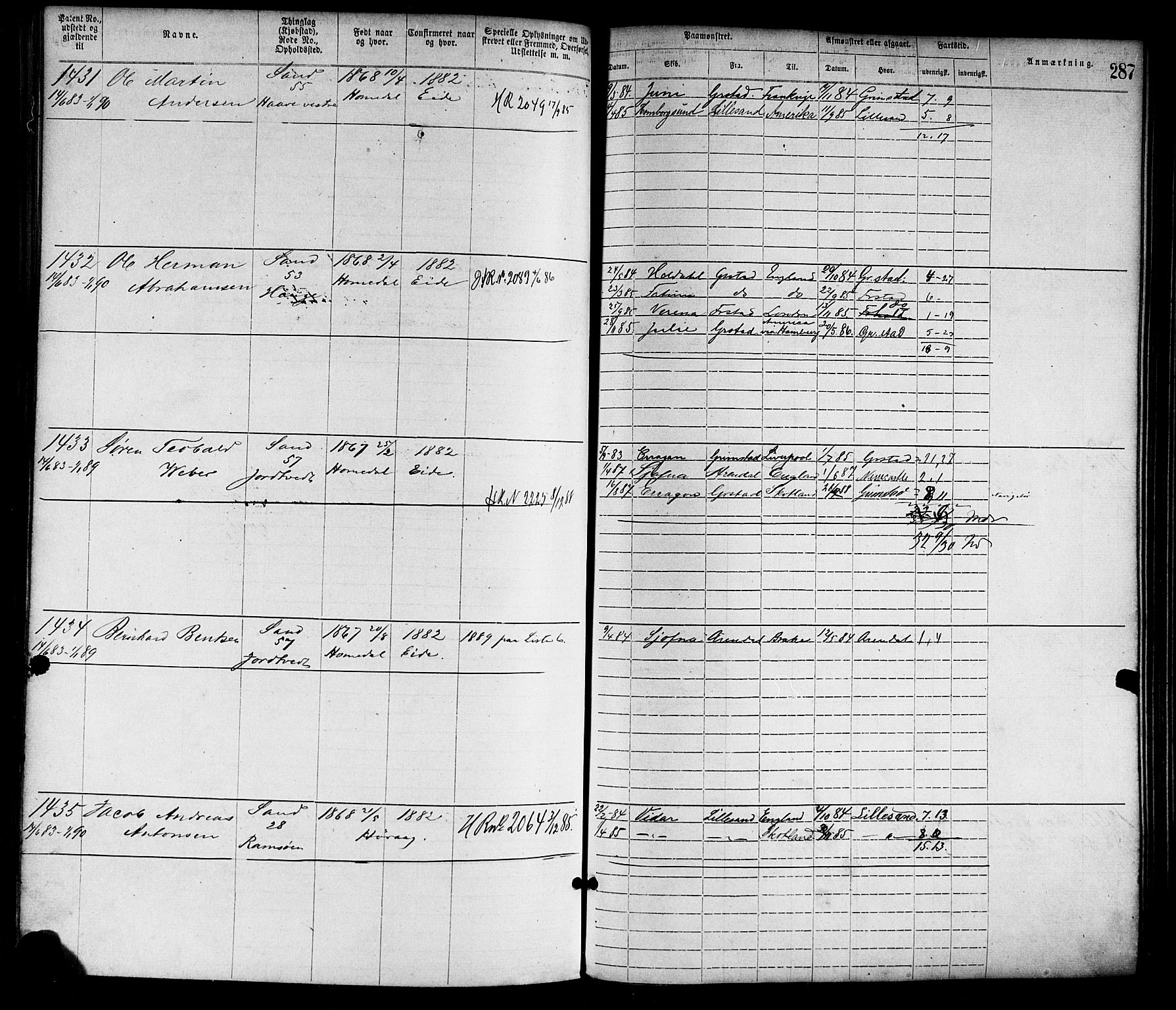 Lillesand mønstringskrets, SAK/2031-0014/F/Fa/L0004: Annotasjonsrulle nr 1-1920 med register, G-1, 1869-1891, s. 313