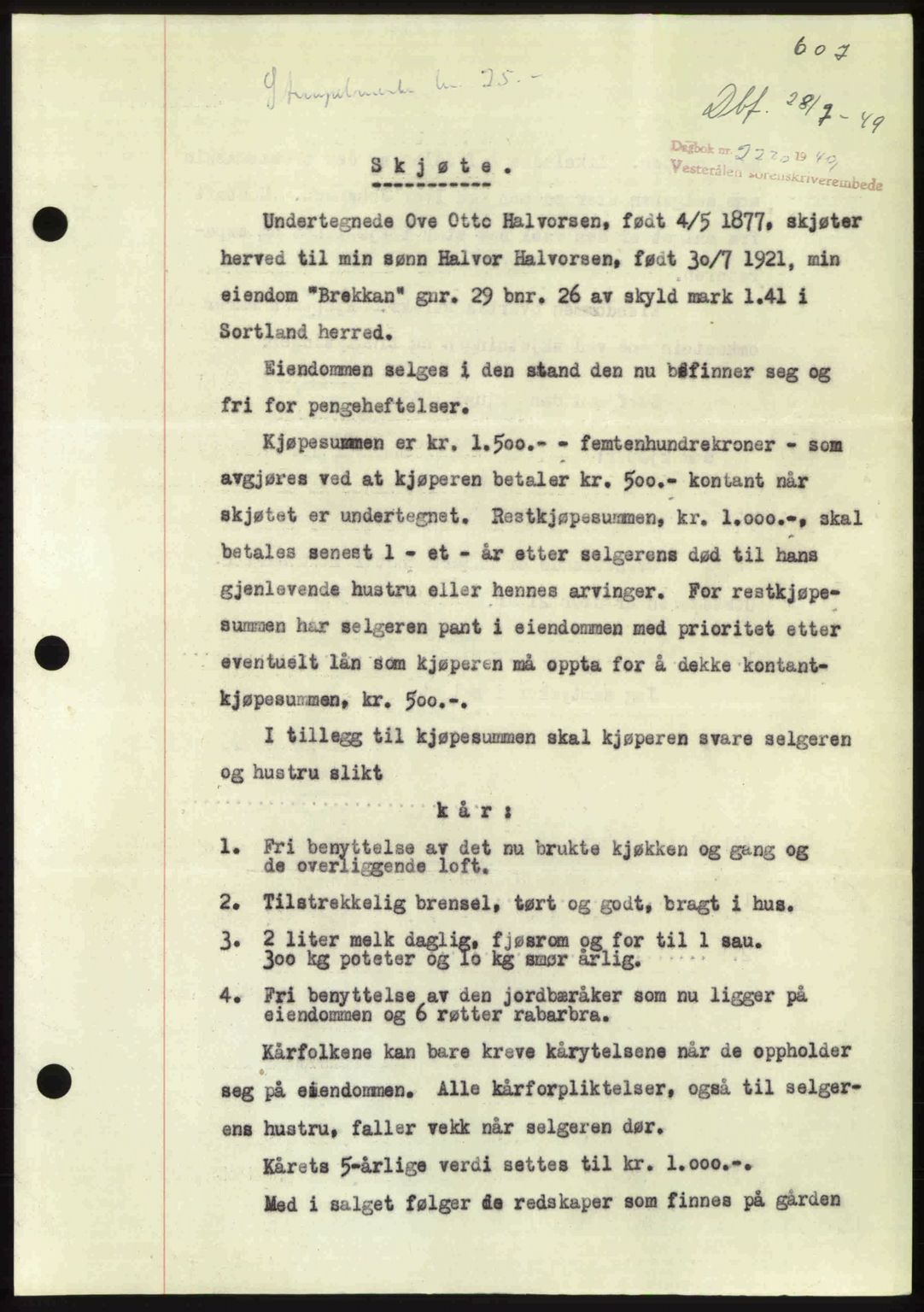 Vesterålen sorenskriveri, AV/SAT-A-4180/1/2/2Ca: Pantebok nr. A25, 1949-1949, Dagboknr: 2220/1949