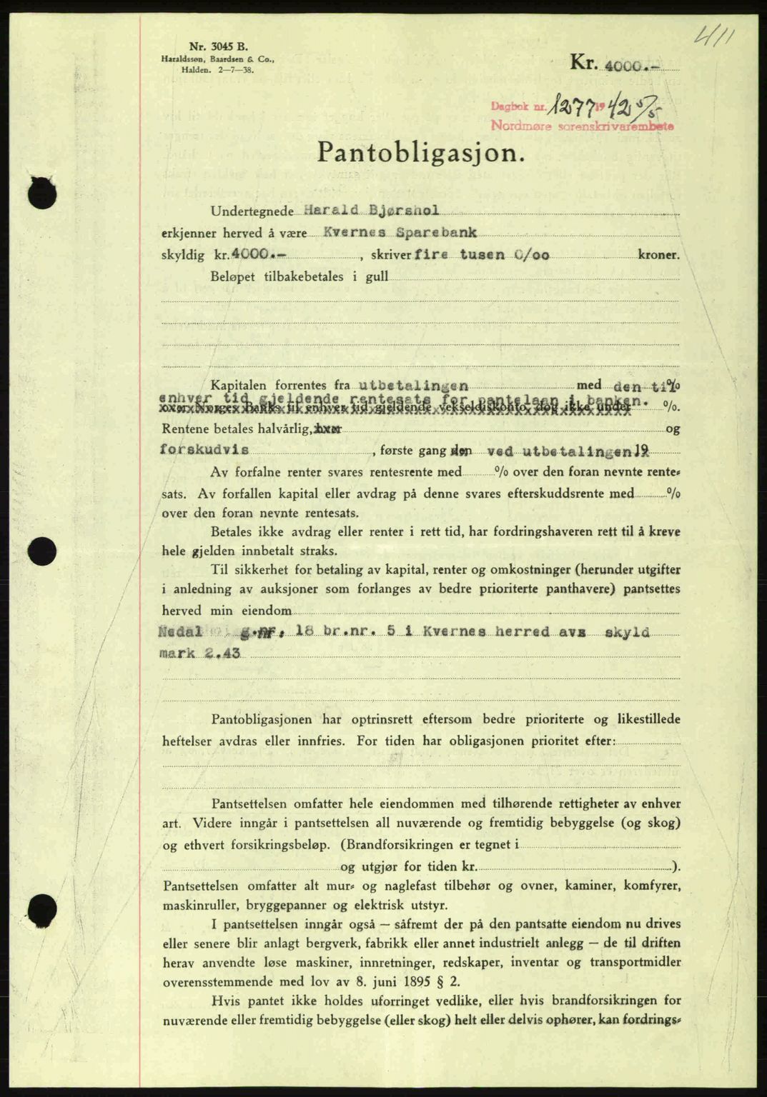 Nordmøre sorenskriveri, AV/SAT-A-4132/1/2/2Ca: Pantebok nr. B89, 1942-1942, Dagboknr: 1277/1942