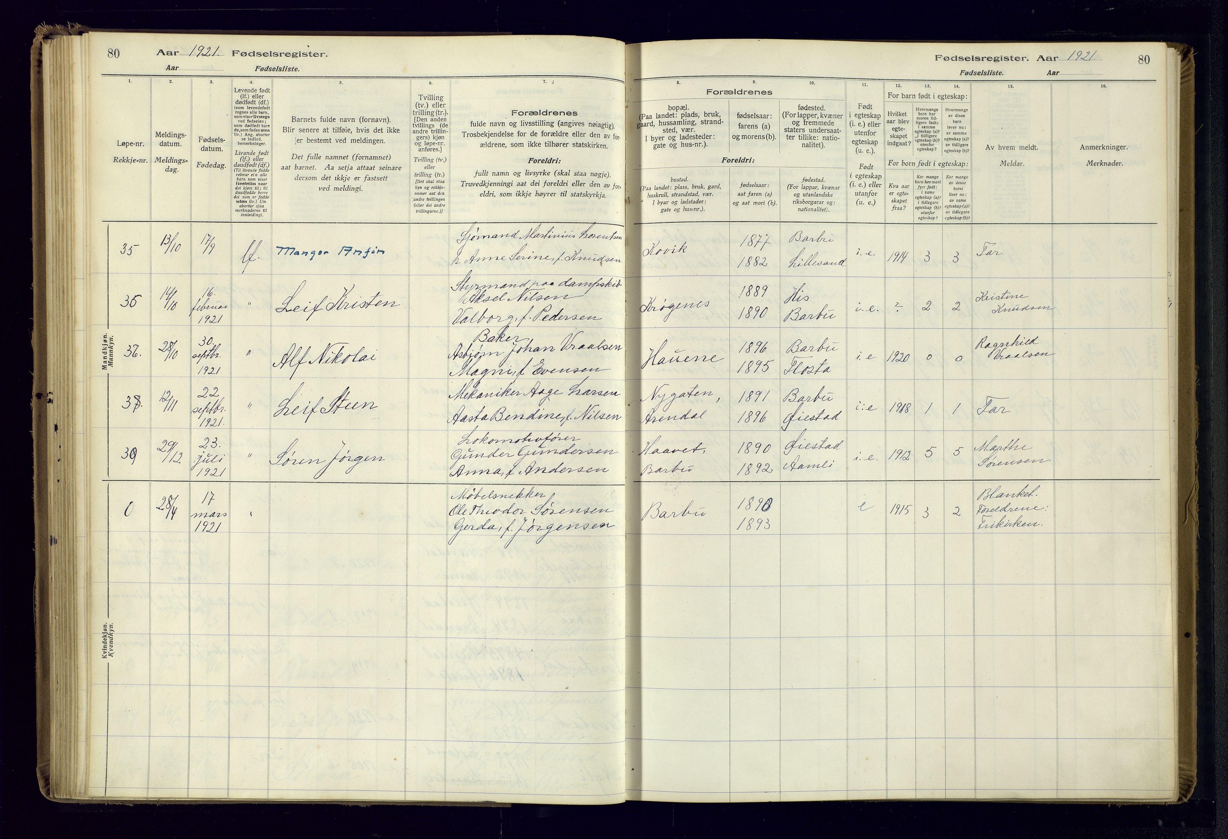 Barbu sokneprestkontor, AV/SAK-1111-0003/J/Ja/L0001: Fødselsregister nr. A-VIII-1, 1916-1937, s. 80