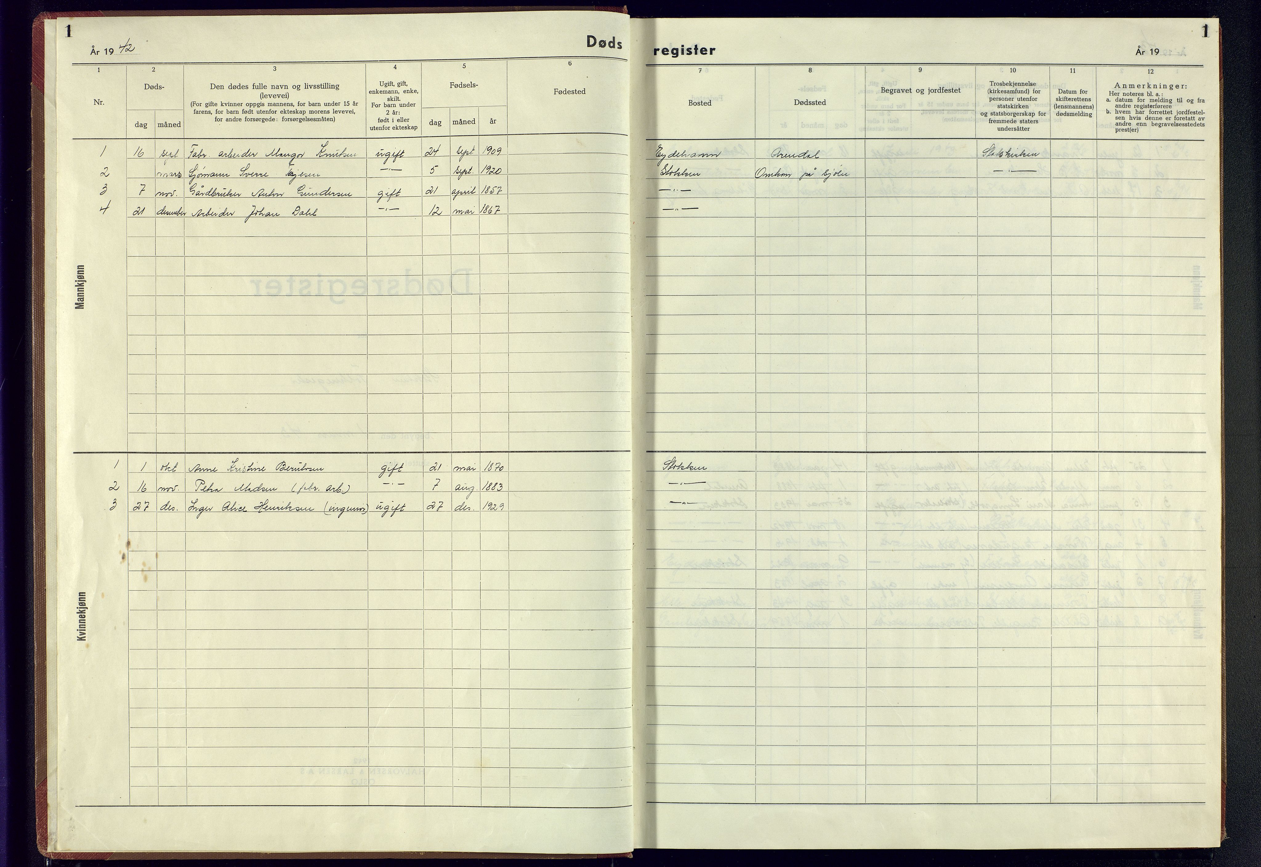 Austre Moland sokneprestkontor, AV/SAK-1111-0001/J/Jb/L0005: A-VI-21 - Dødsfallsregister Stokken, 1942-1945, s. 1