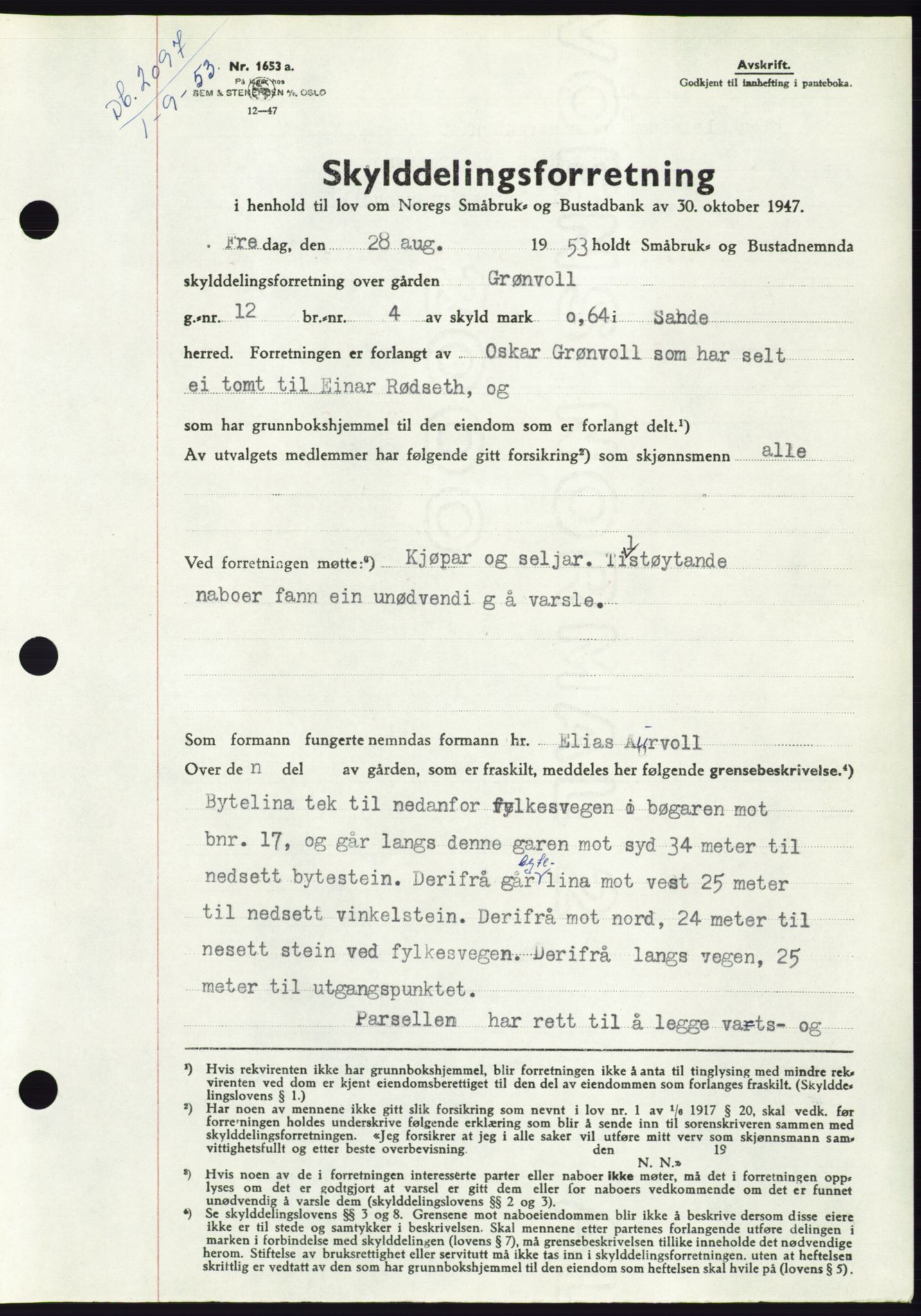 Søre Sunnmøre sorenskriveri, AV/SAT-A-4122/1/2/2C/L0095: Pantebok nr. 21A, 1953-1953, Dagboknr: 2097/1953