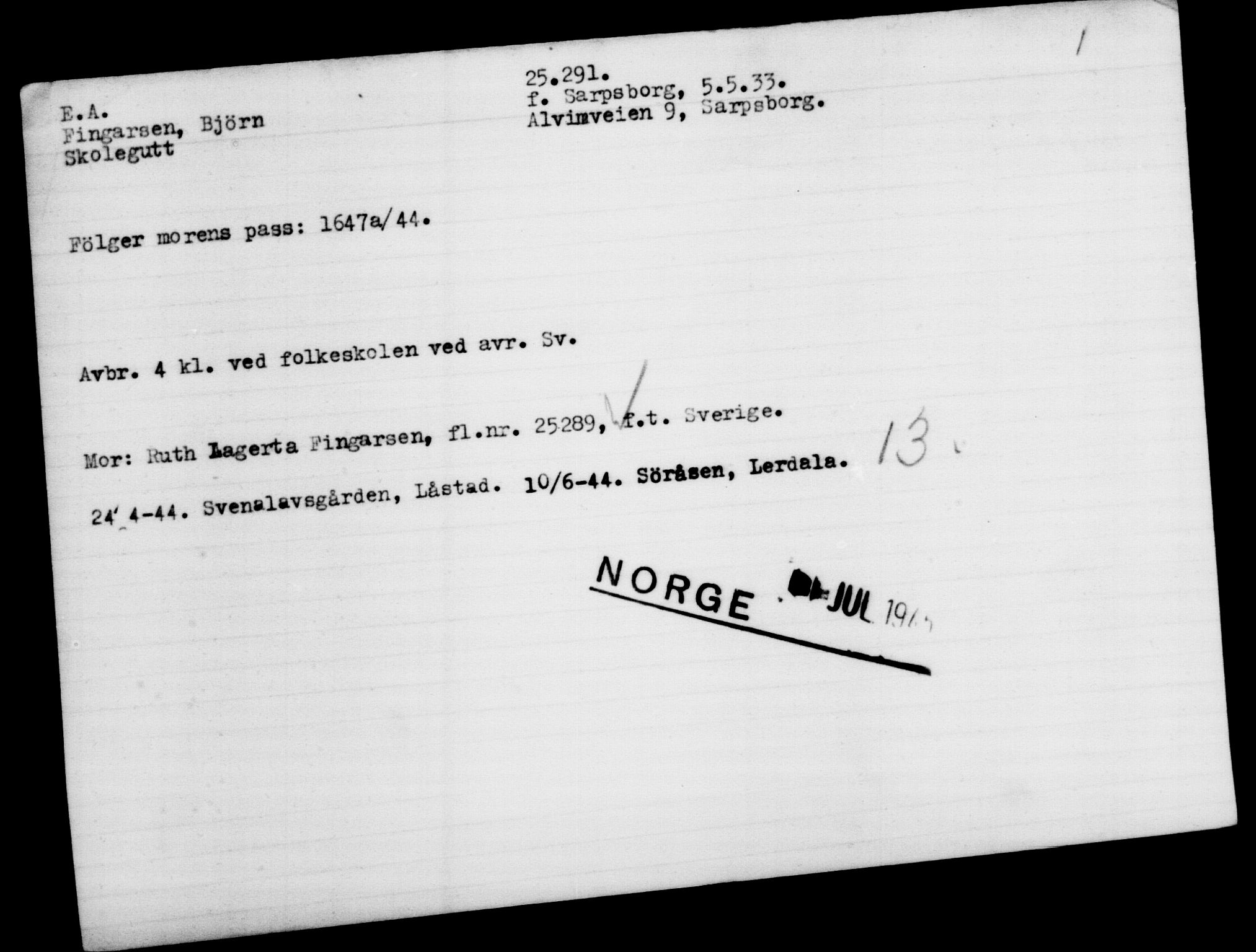 Utenriksstasjonene, Legasjonen i Stockholm, Flyktningkontoret, AV/RA-S-6753/V/Va/L0010: Kjesäterkartoteket, flyktninger med registreringsnr. 22000-25314, 1940-1945, s. 3460