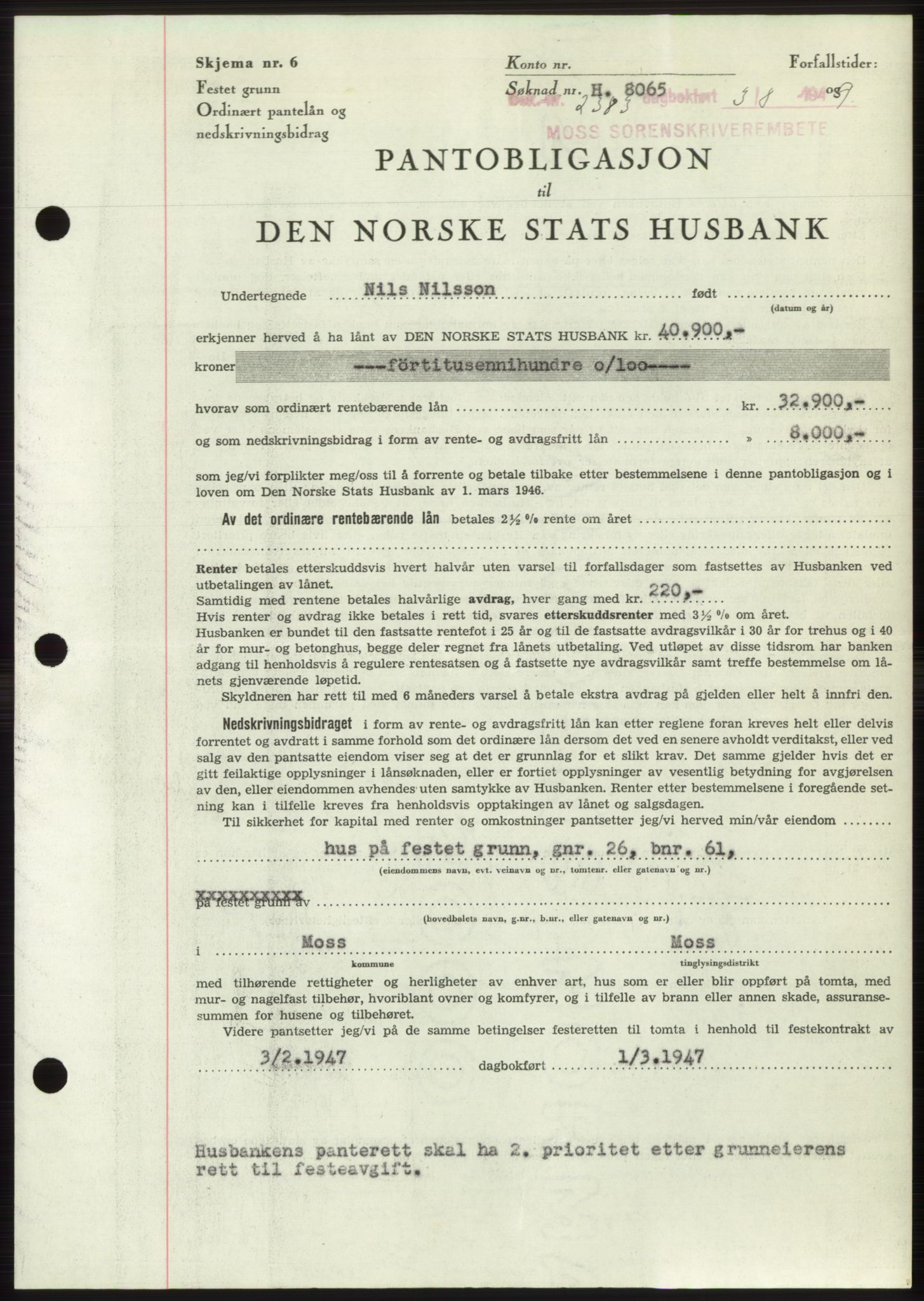 Moss sorenskriveri, SAO/A-10168: Pantebok nr. B22, 1949-1949, Dagboknr: 2383/1949