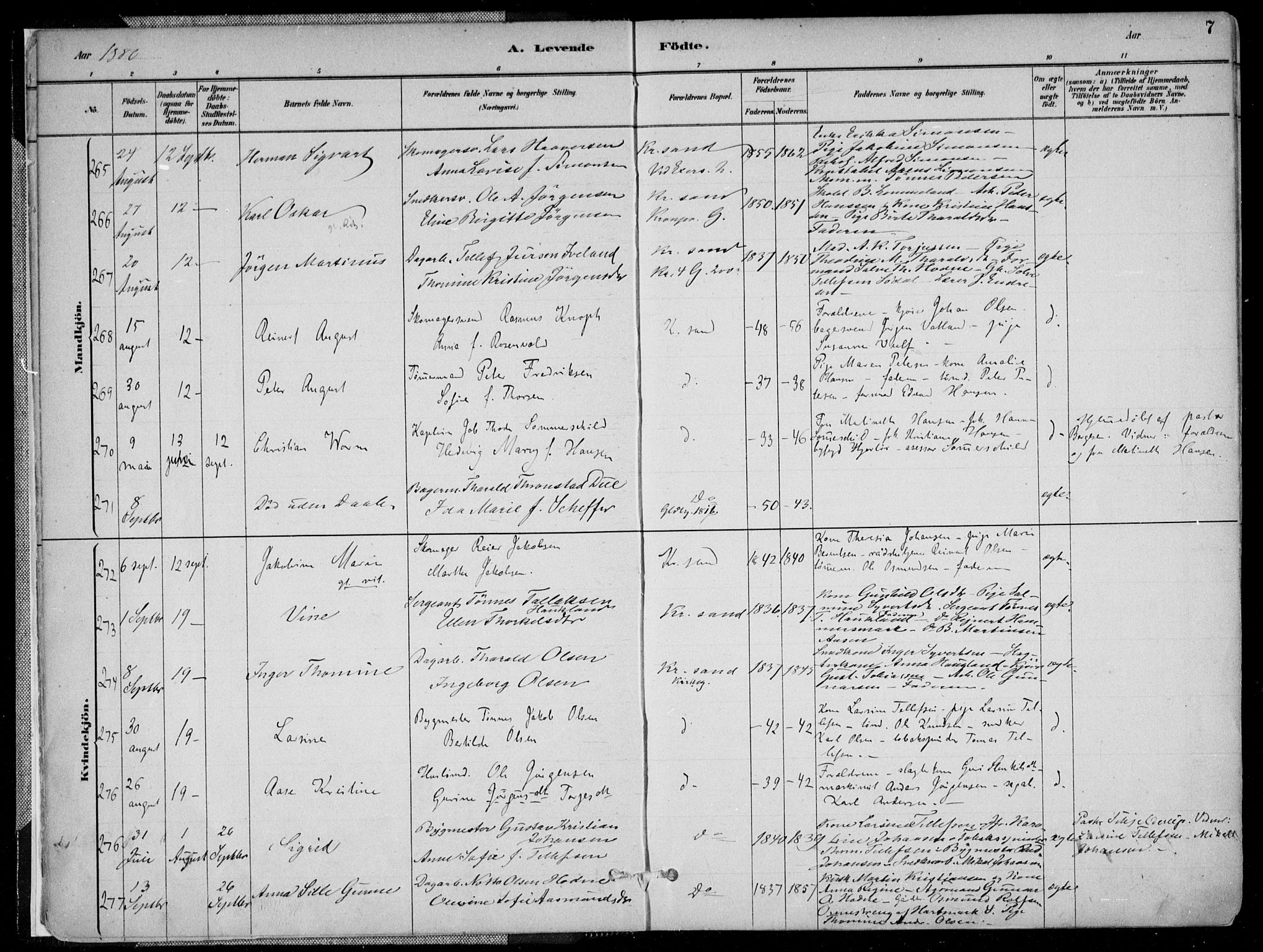 Kristiansand domprosti, AV/SAK-1112-0006/F/Fa/L0016: Ministerialbok nr. A 16A, 1880-1890, s. 7