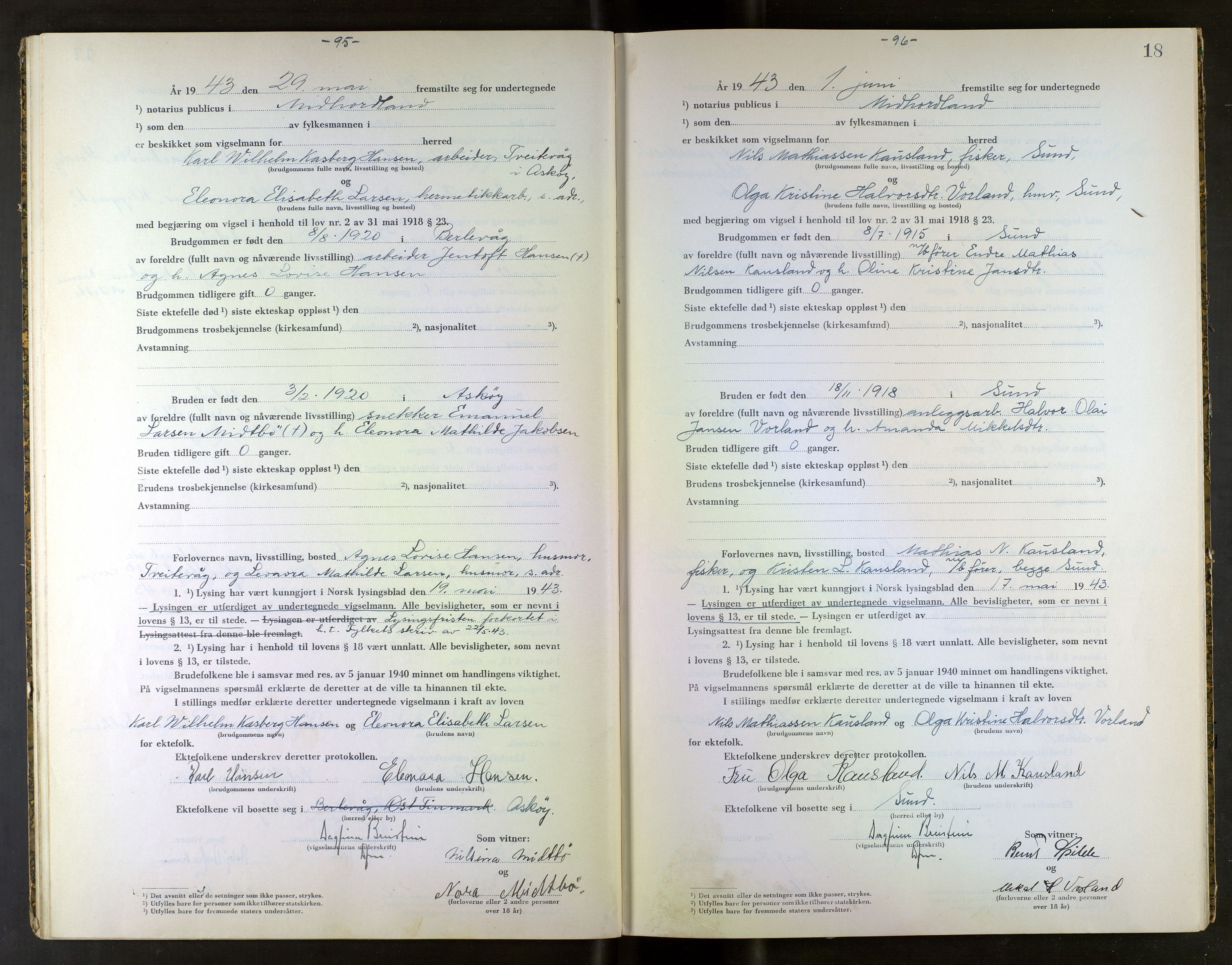 Midhordland sorenskriveri, AV/SAB-A-3001/1/M/Mc/Mca/L0004: Notarialbilag. Vigselbøker, 1943, s. 18